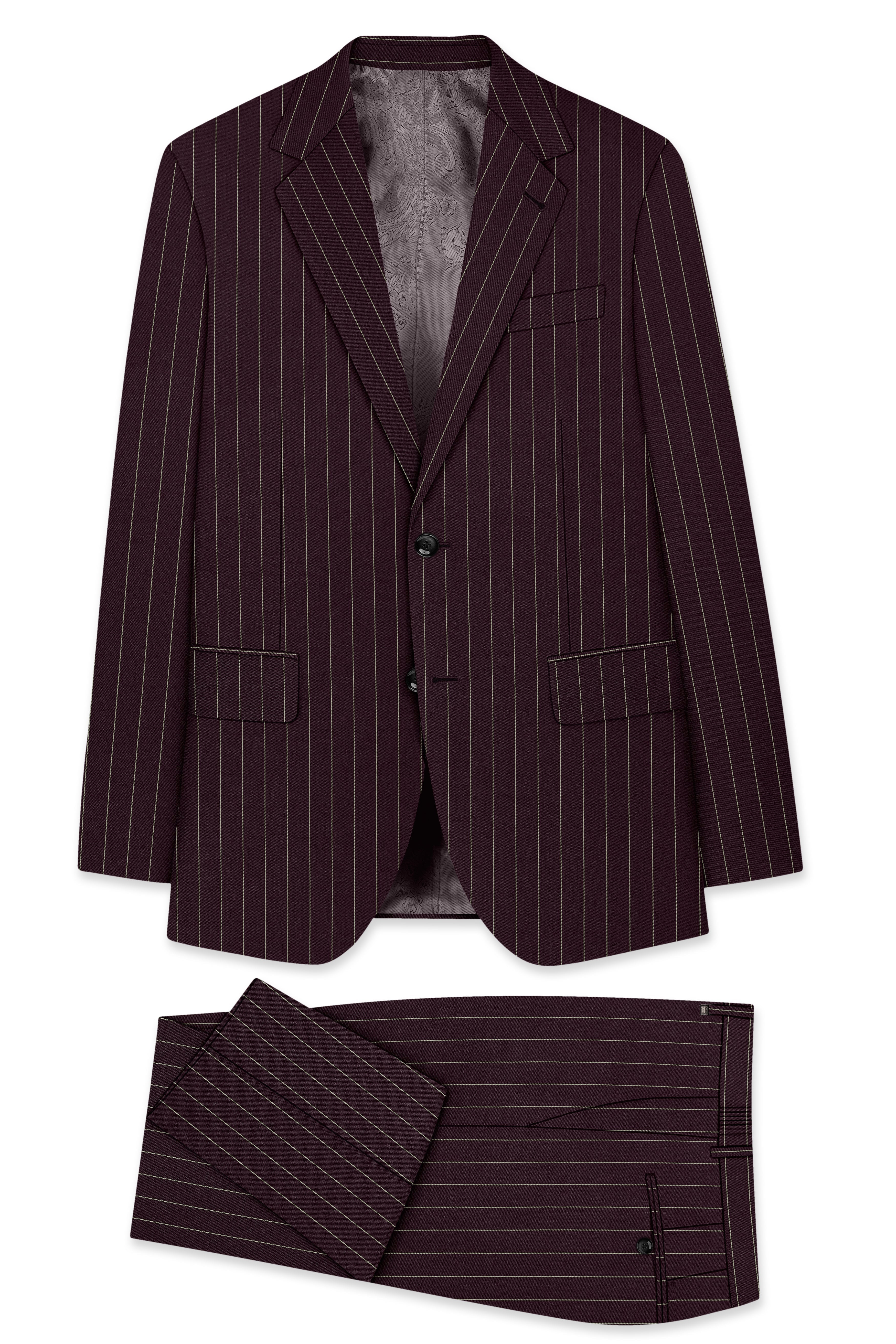 Valiant-Seal Maroon And Bright White Chalk Striped Wool Rich Slight Stretch Single Breasted Suit