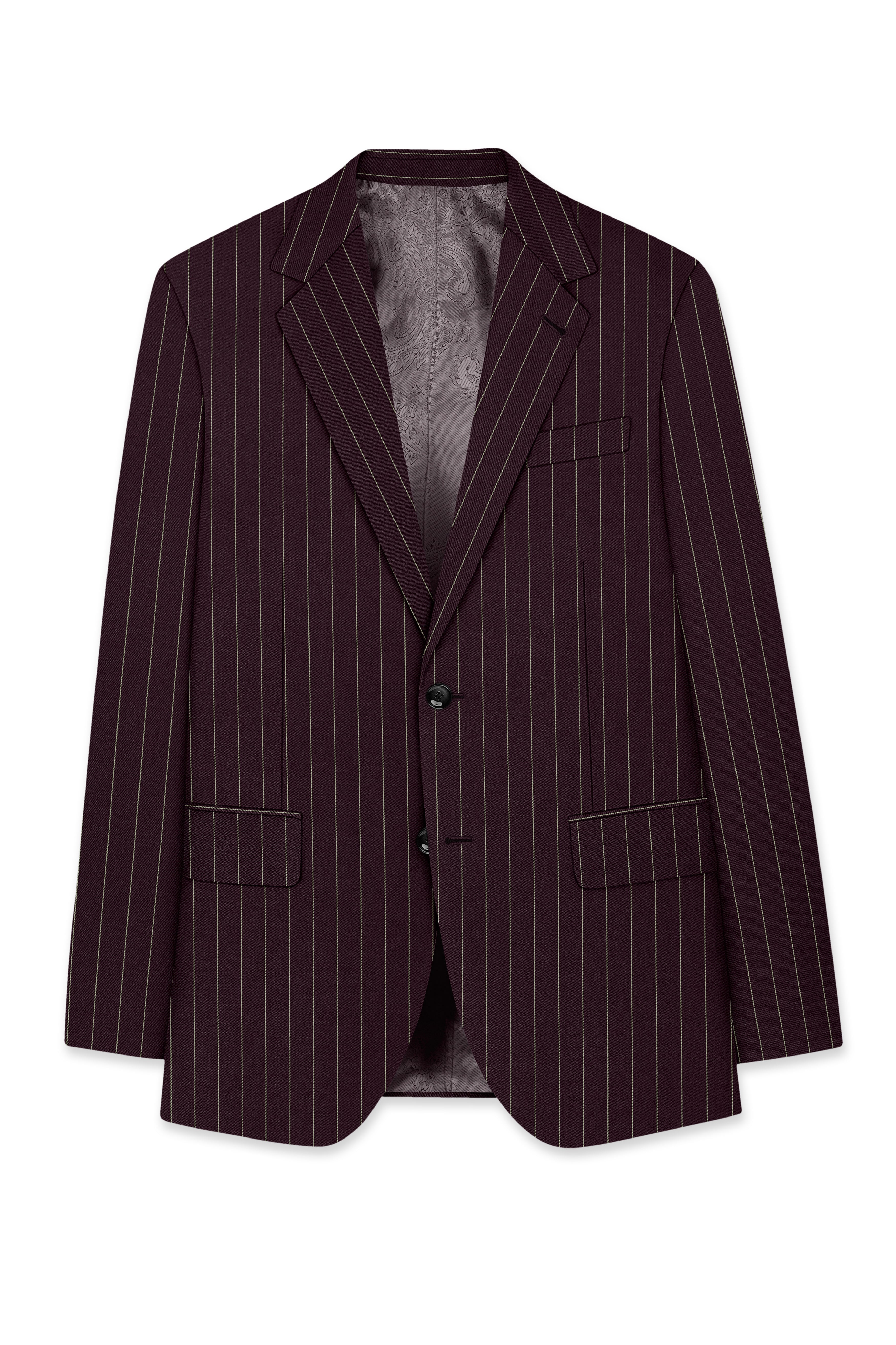 Valiant-Seal Maroon And Bright White Chalk Striped Wool Rich Slight Stretch Single Breasted Suit