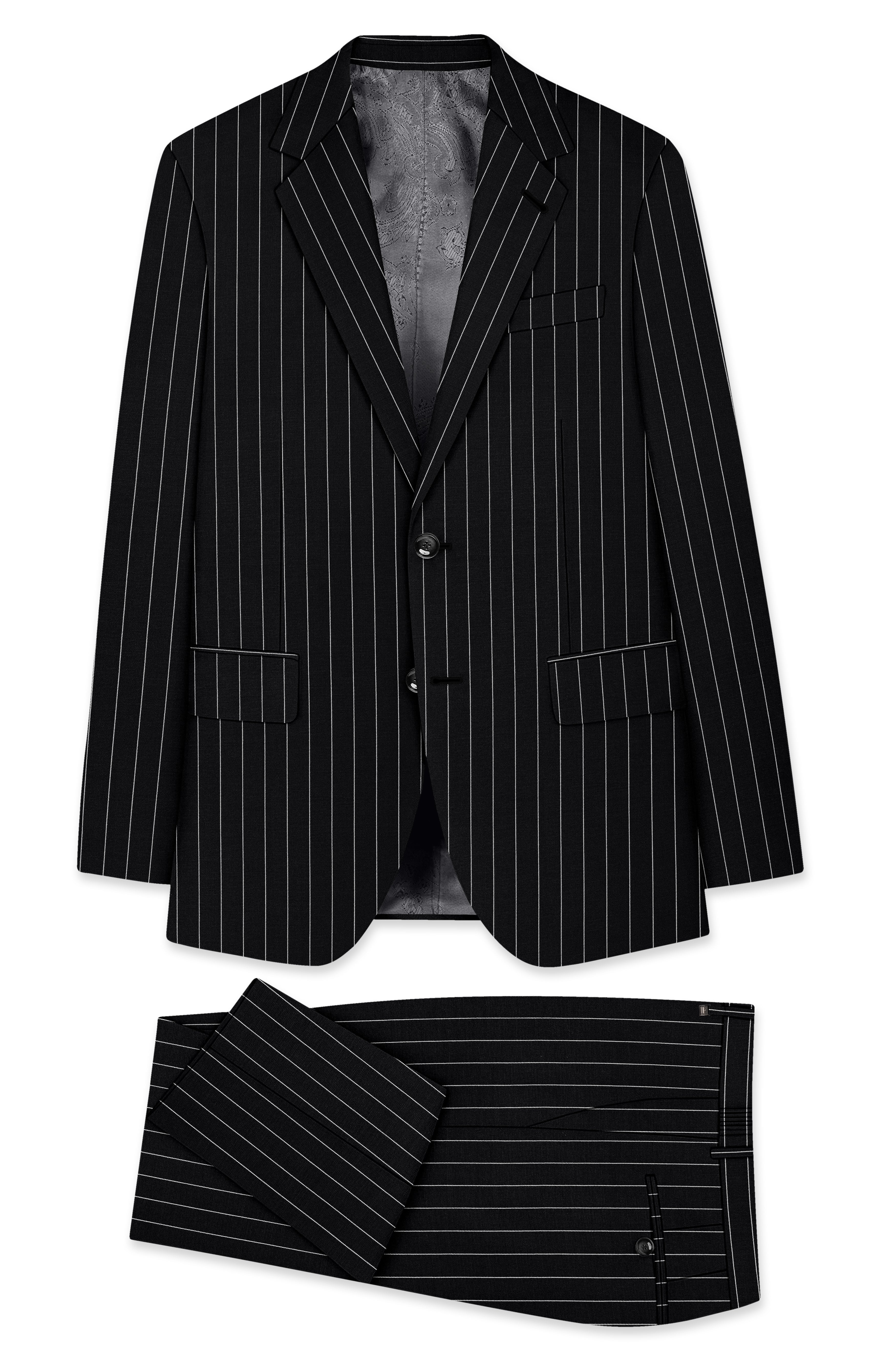 Veritas-Jade Black And Bright White Pin Striped Wool Rich Slight Stretch Single Breasted Suit