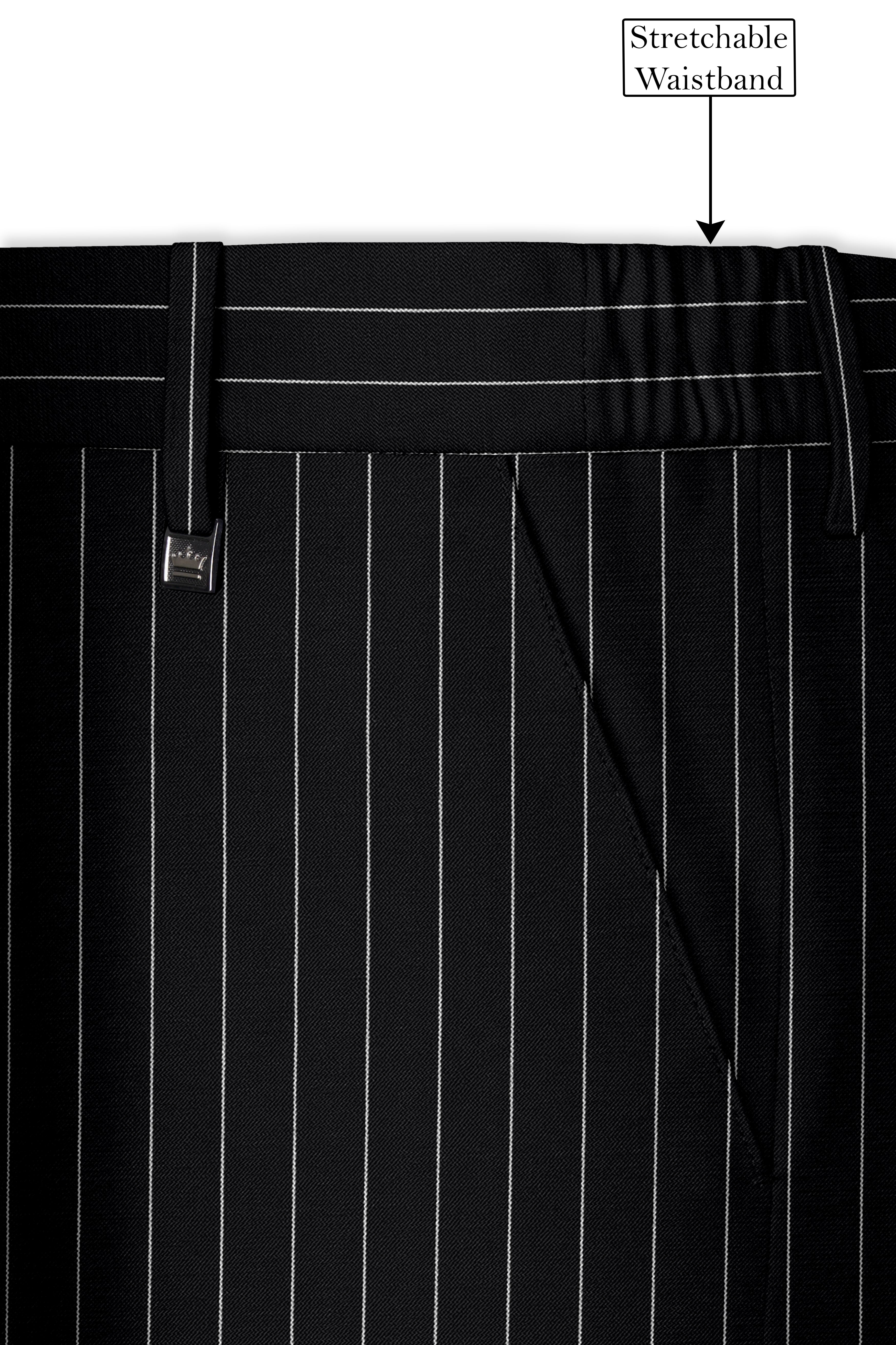 Veritas-Jade Black And Bright White Pin Striped Wool Rich Slight Stretch Single Breasted Suit