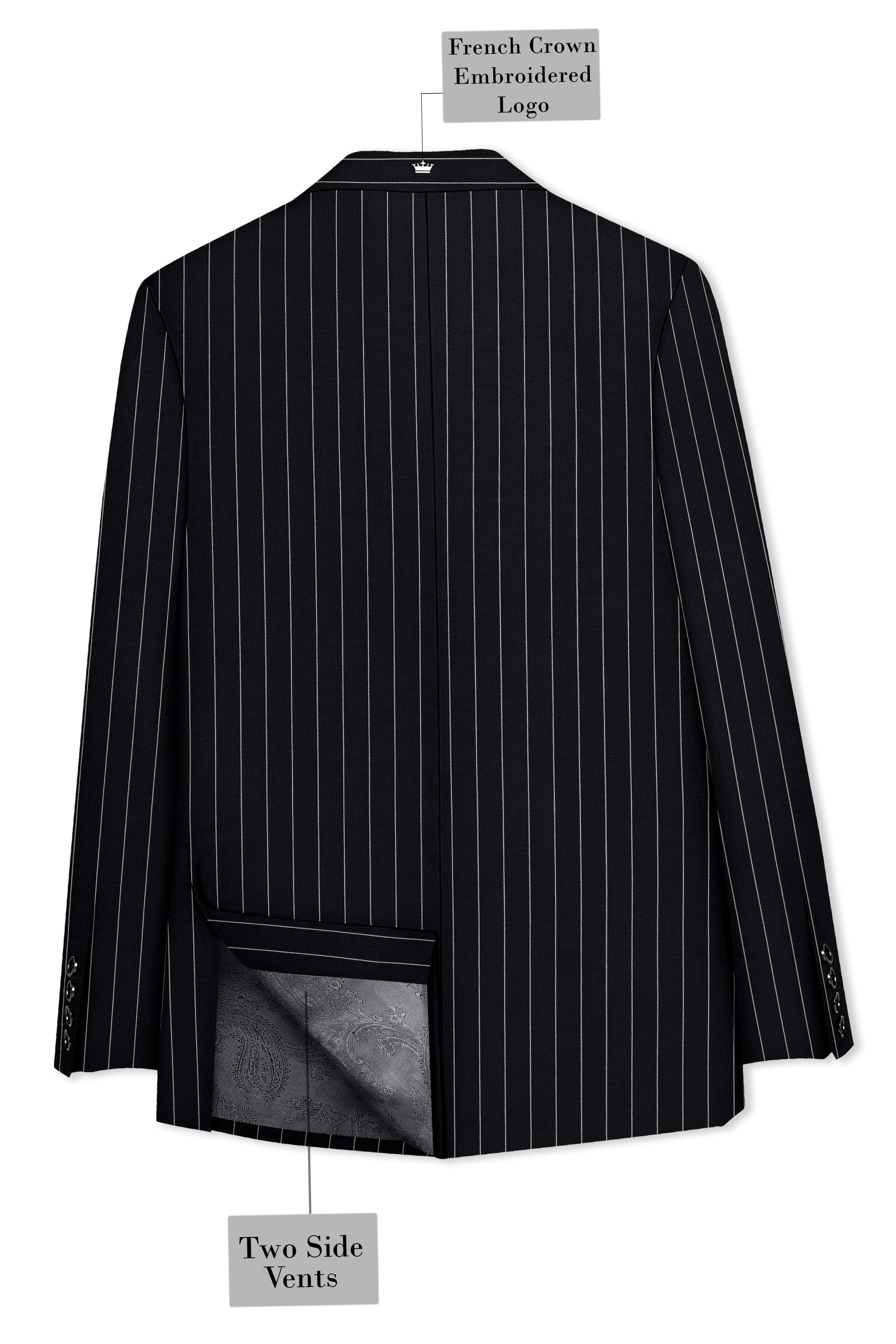 Veritas-Jade Black And Bright White Pin Striped Wool Rich Slight Stretch Single Breasted Suit