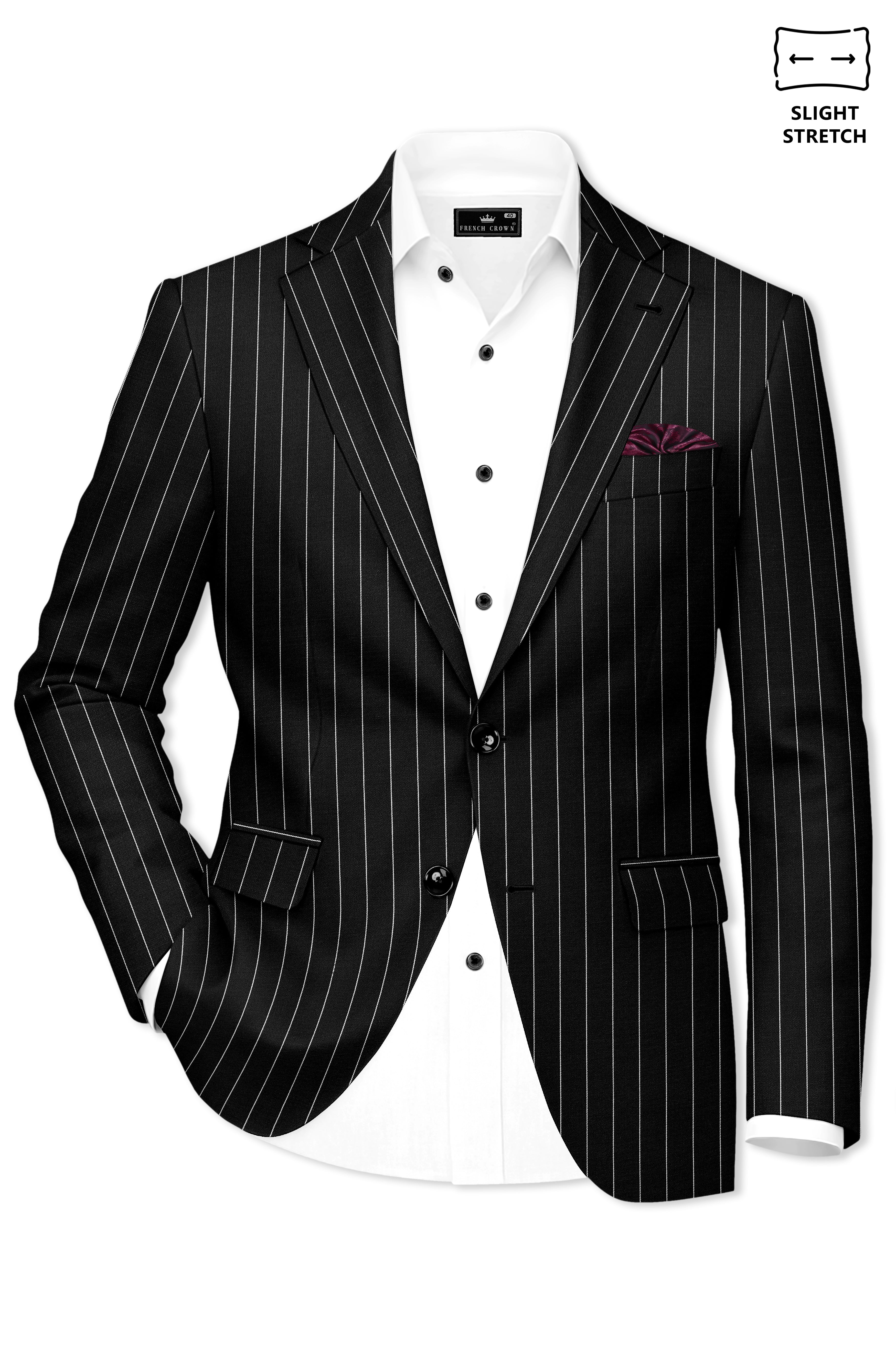 Noirline-Jade Black And Bright White Awning Striped Wool Rich Slight Stretch Single Breasted Suit