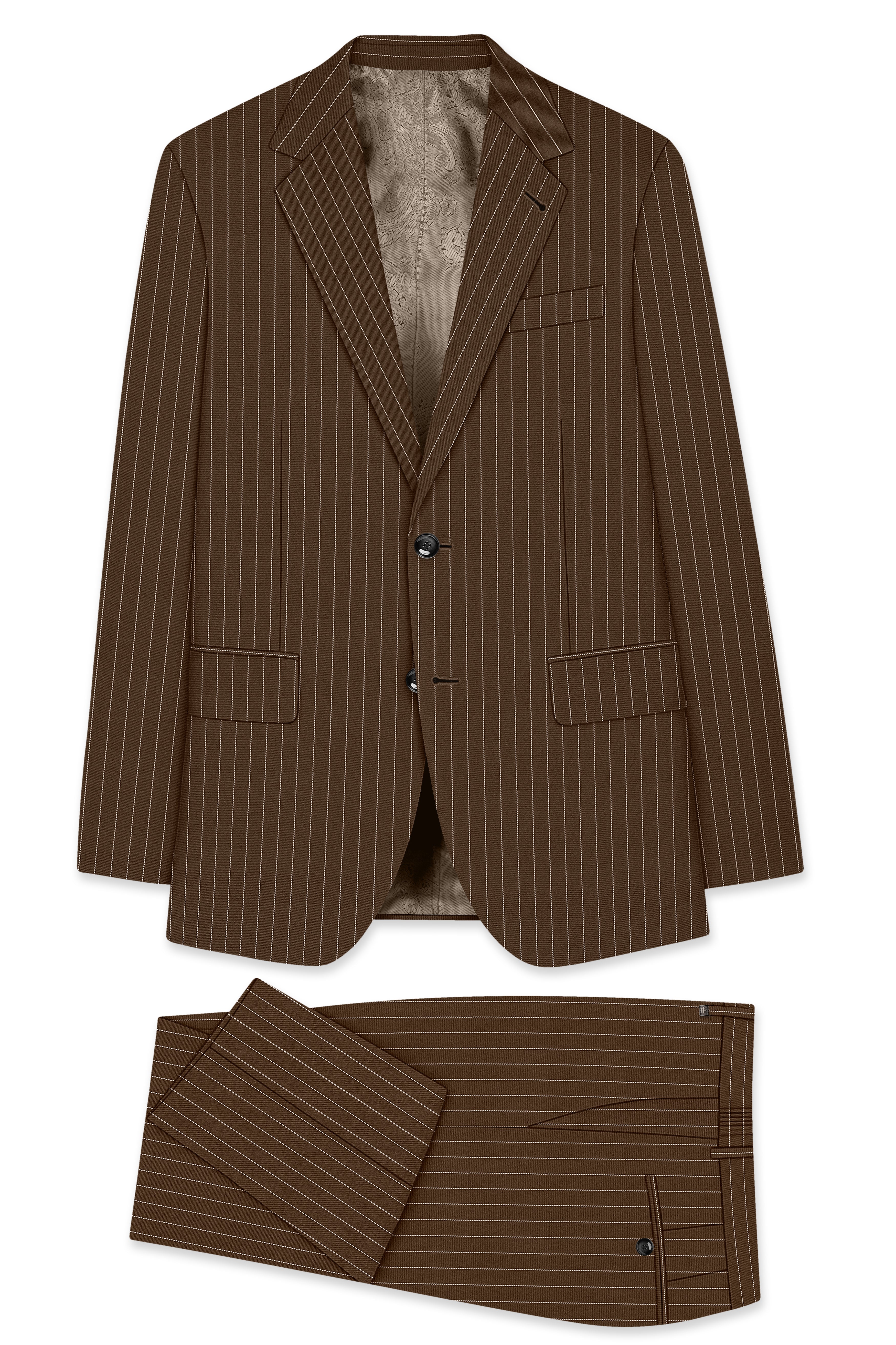 Bristol-Iroko Brown And Bright White Chalk Striped Wool Rich Slight Stretch Single Breasted Suit