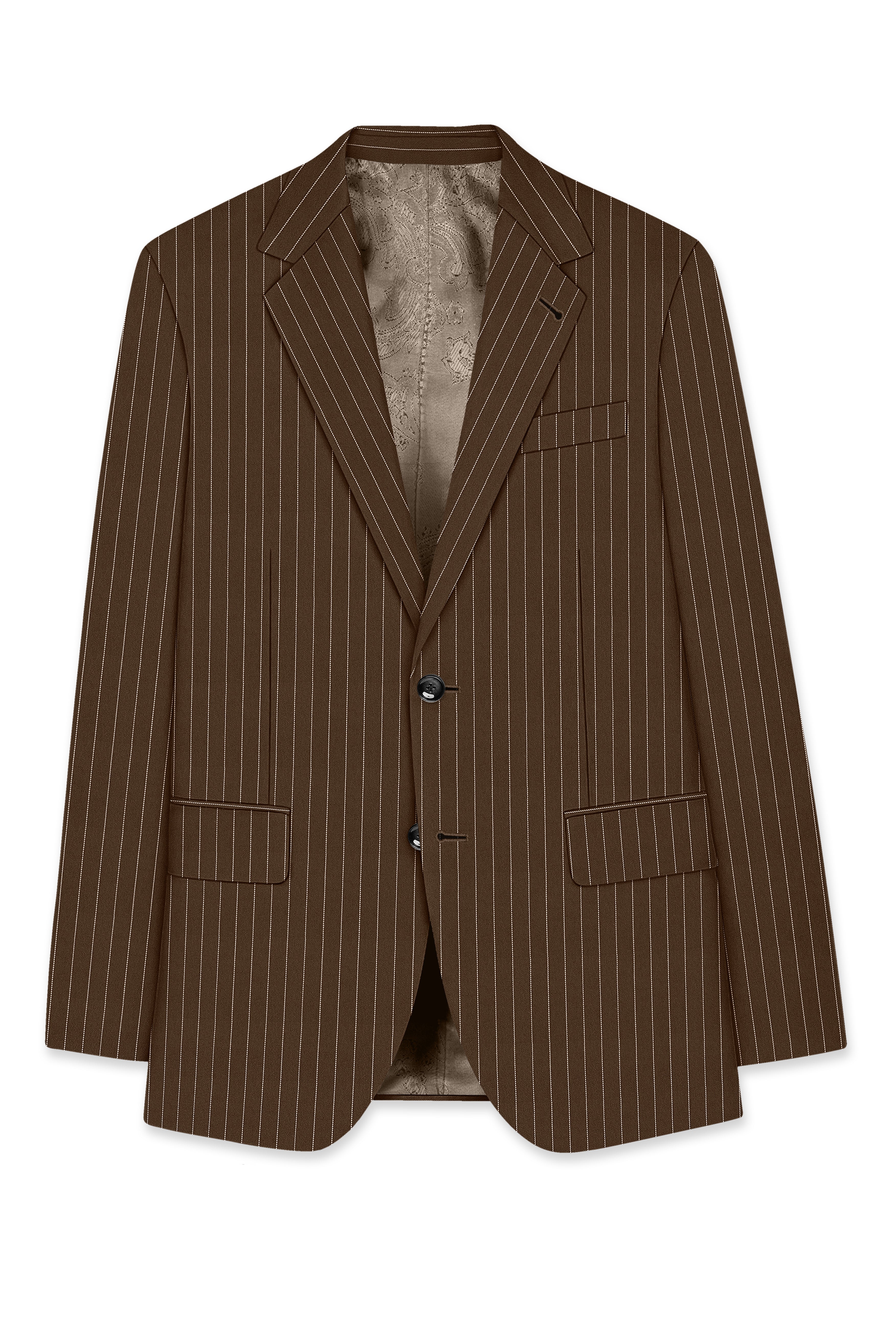 Bristol-Iroko Brown And Bright White Chalk Striped Wool Rich Slight Stretch Single Breasted Suit