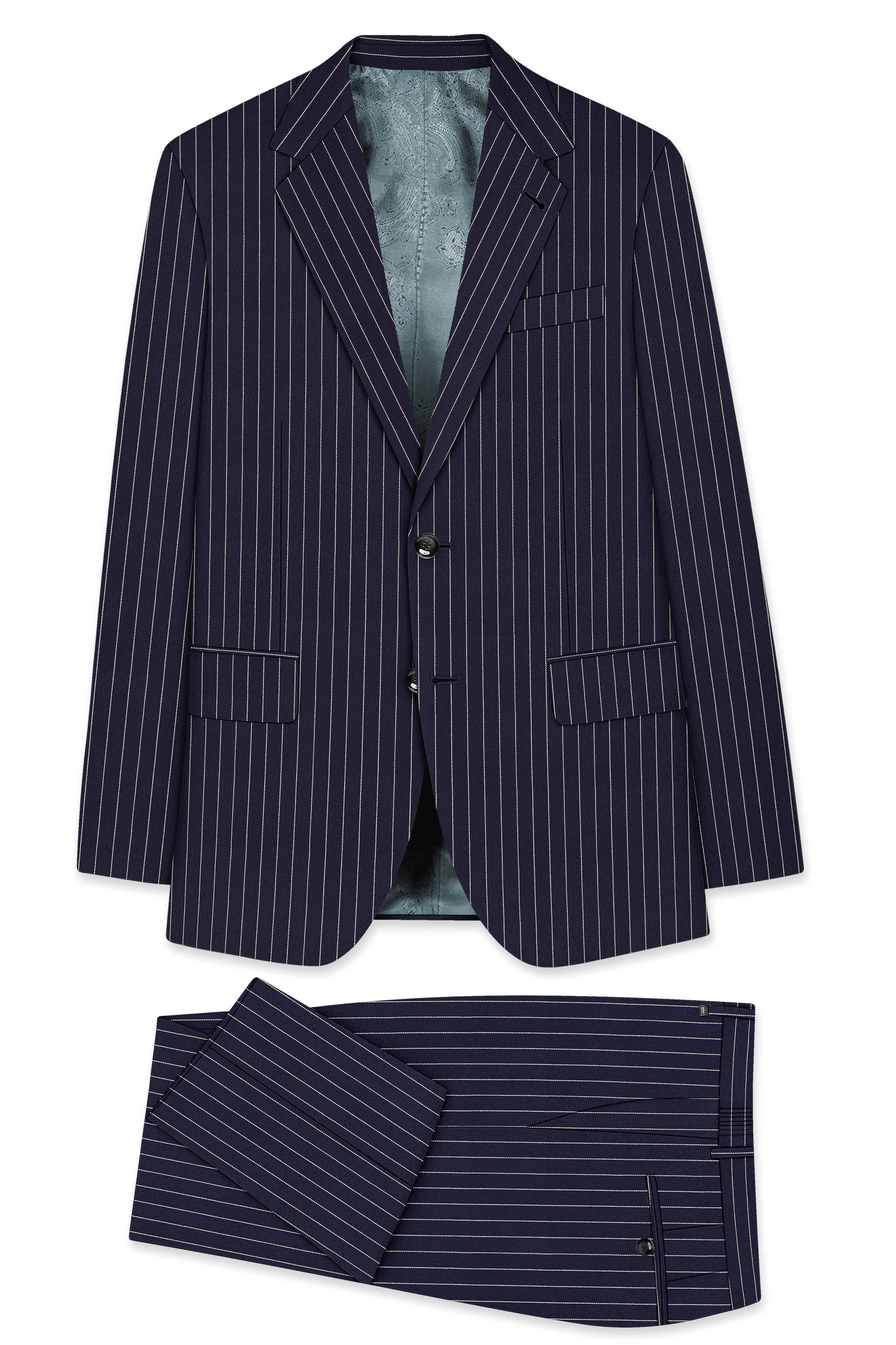 Aurelius-Cinder Blue Bright White Chalk Striped Wool Rich Slight Stretch Single Breasted Suit
