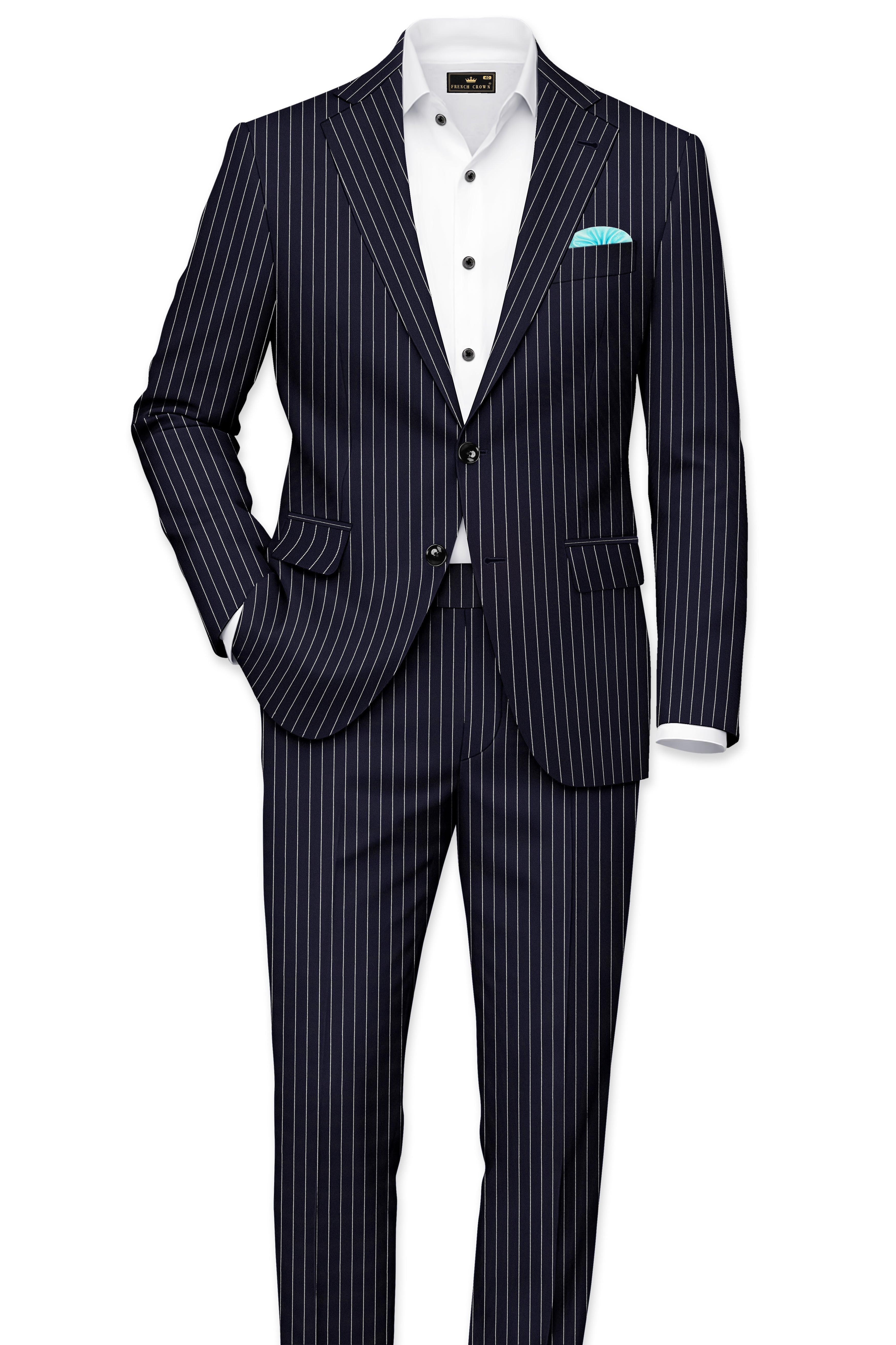 Aurelius-Cinder Blue Bright White Chalk Striped Wool Rich Slight Stretch Single Breasted Suit