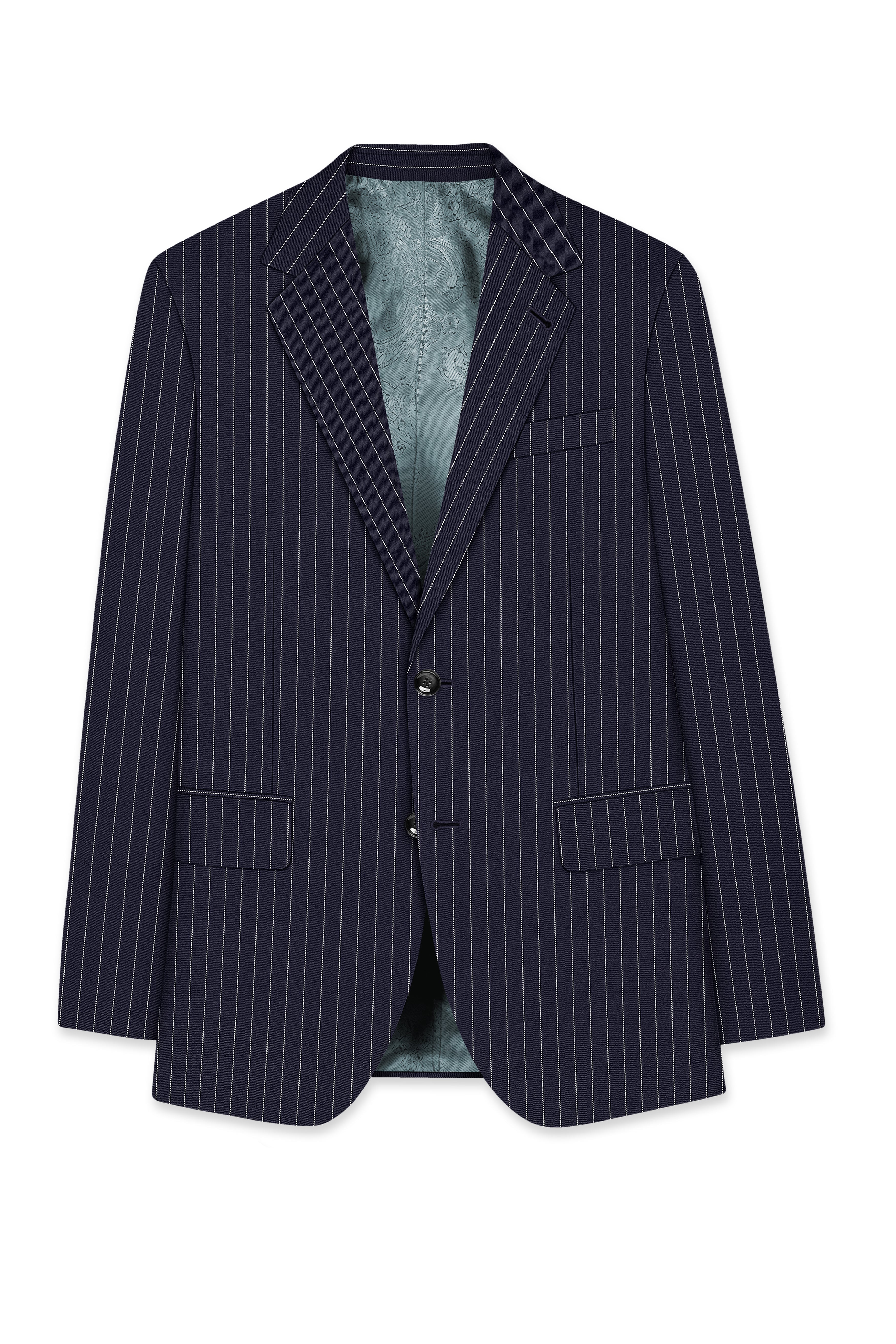 Aurelius-Cinder Blue Bright White Chalk Striped Wool Rich Slight Stretch Single Breasted Suit