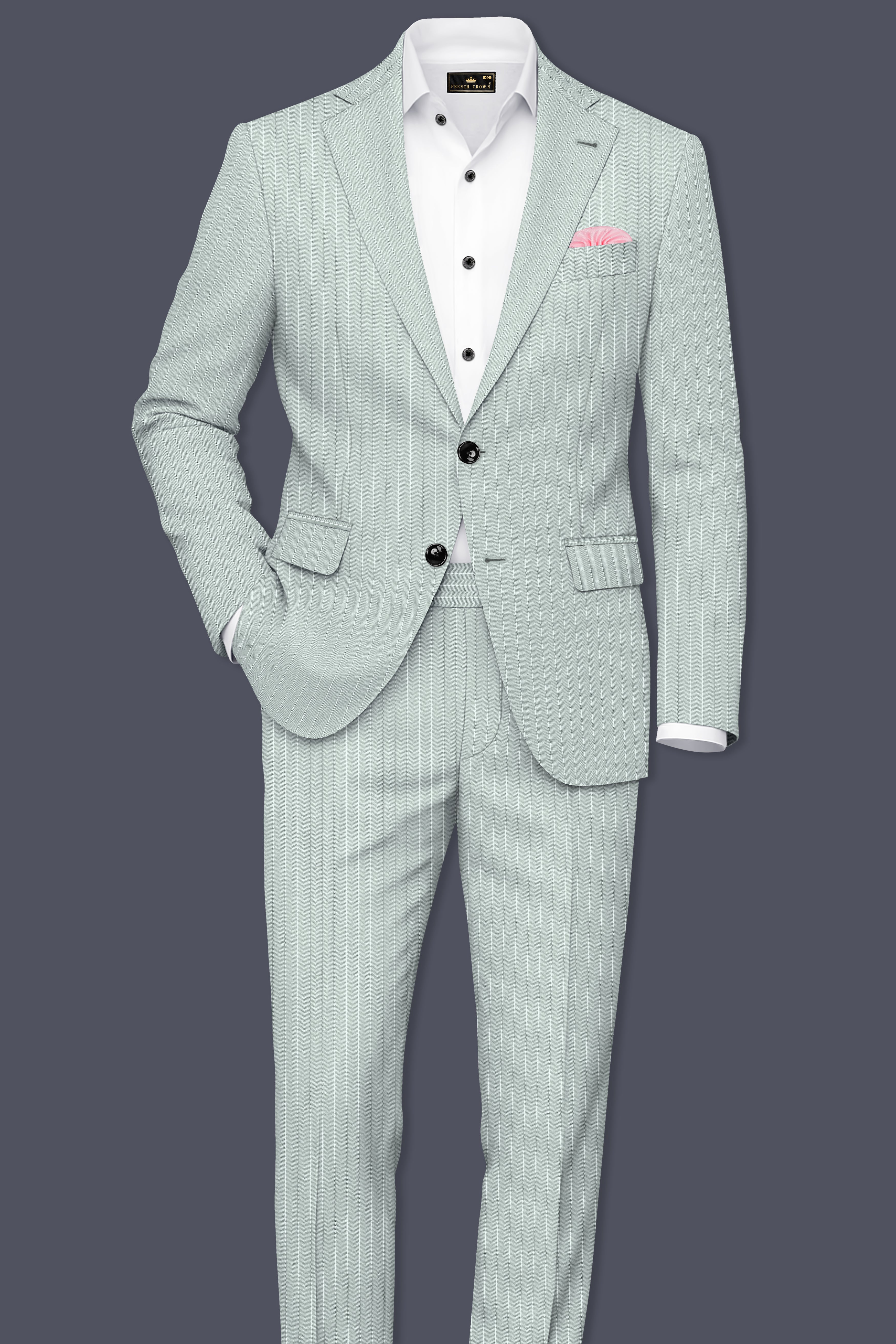 Halcyon-Pale Slate Green Herringbone Striped Wool Rich Slight Stretch Single Breasted Suit
