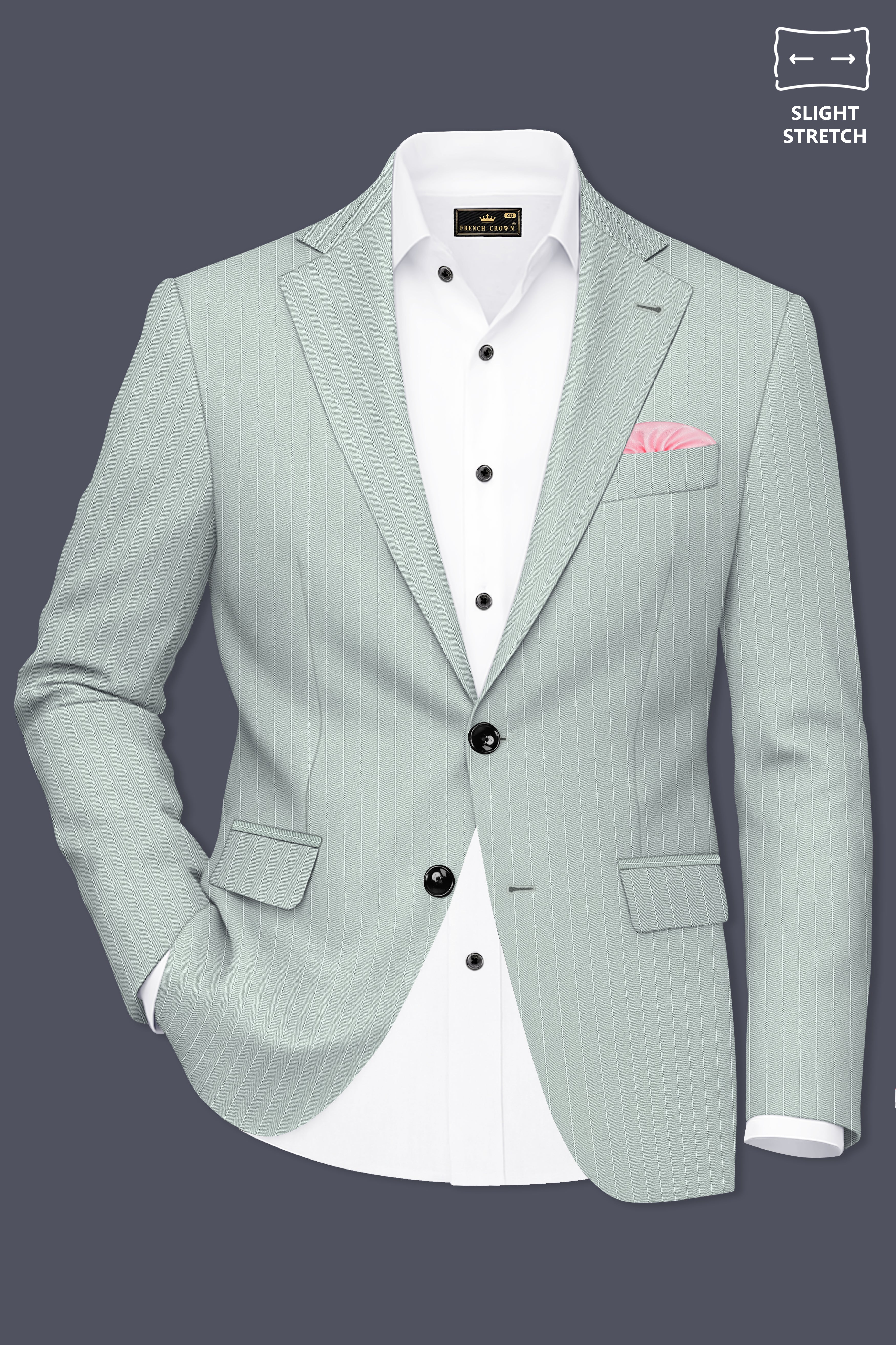 Halcyon-Pale Slate Green Herringbone Striped Wool Rich Slight Stretch Single Breasted Suit