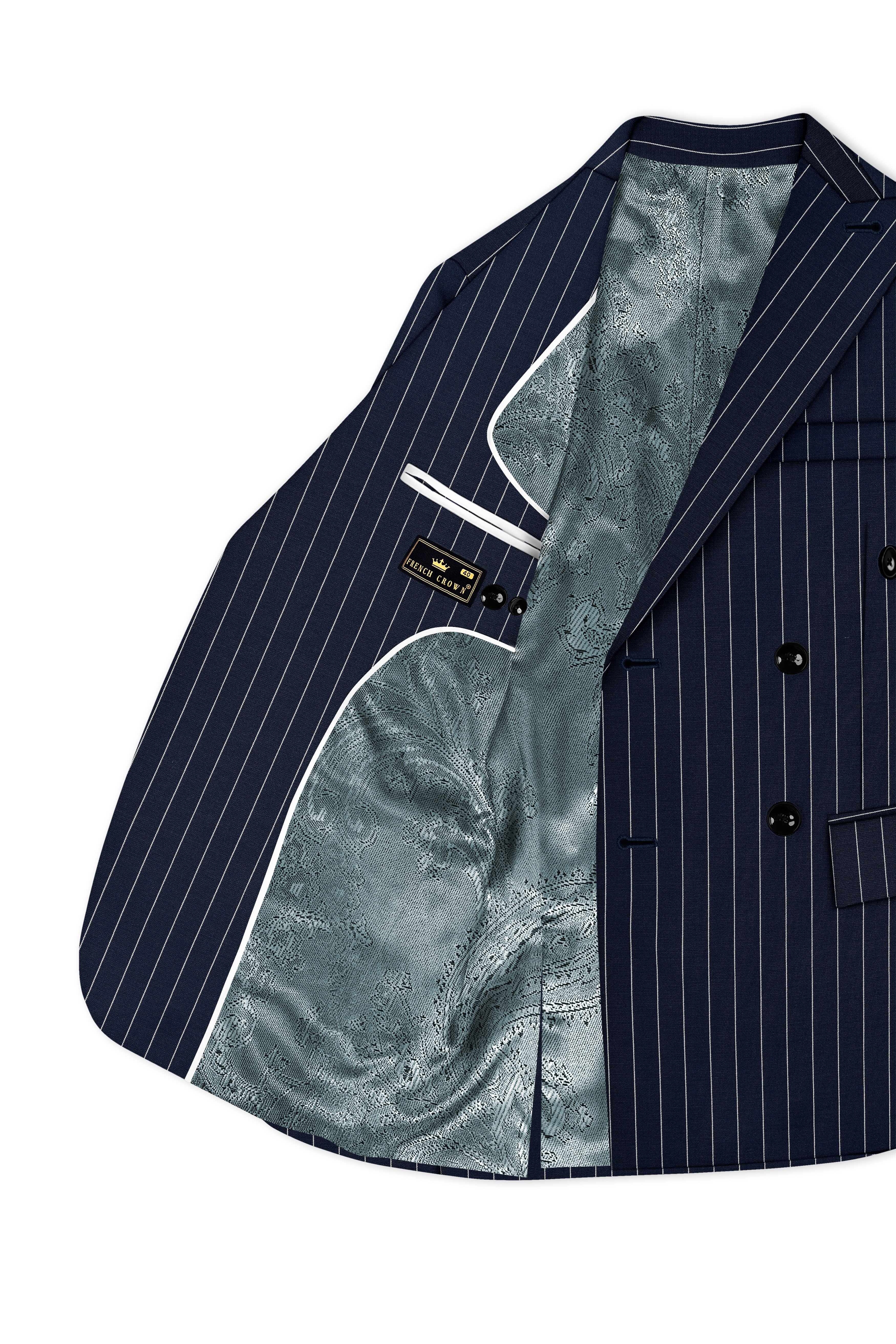 Azureon-Firefly Blue And Bright White Chalk Striped Wool Rich Slight Stretch Double Breasted Suit