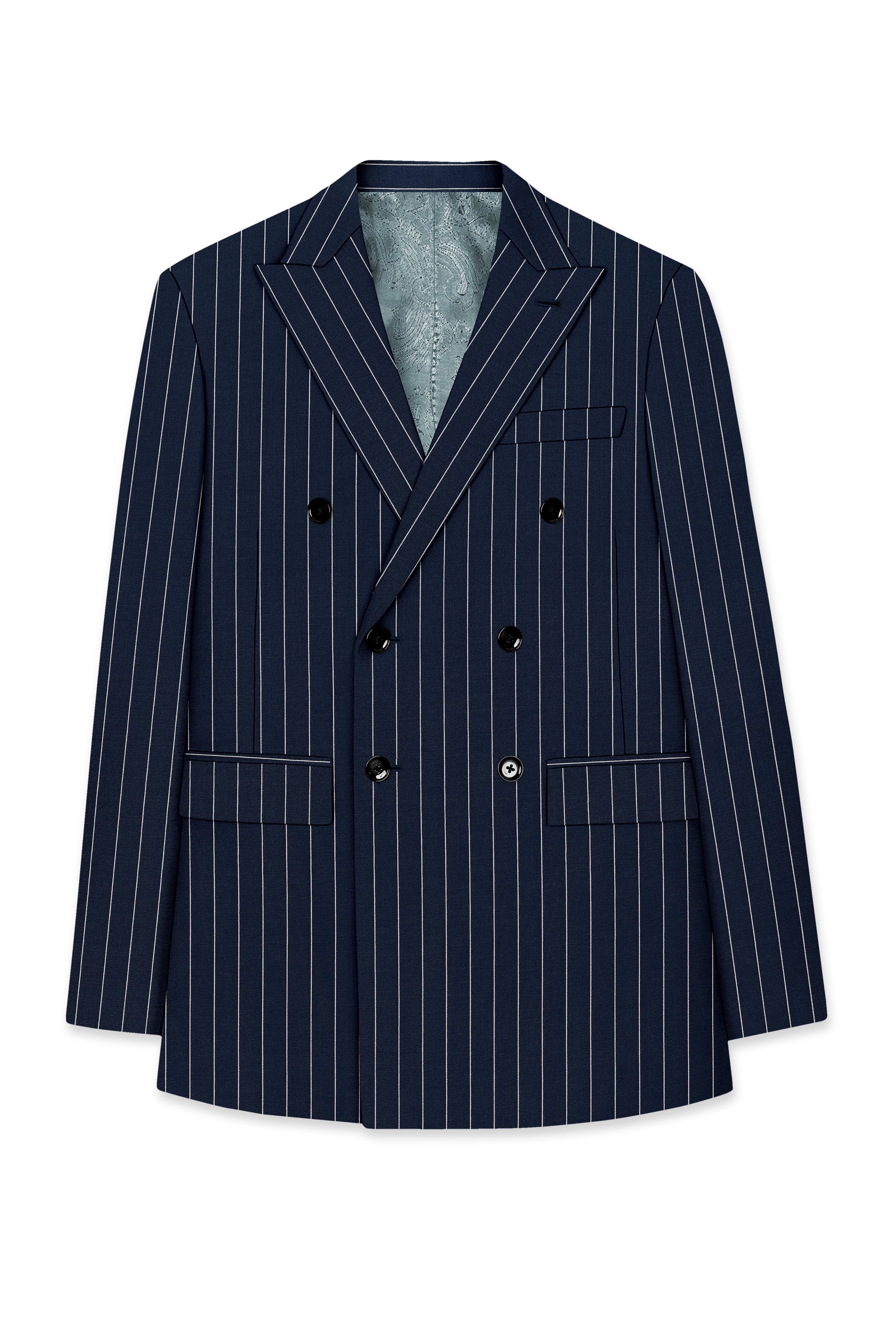 Azureon-Firefly Blue And Bright White Chalk Striped Wool Rich Slight Stretch Double Breasted Suit