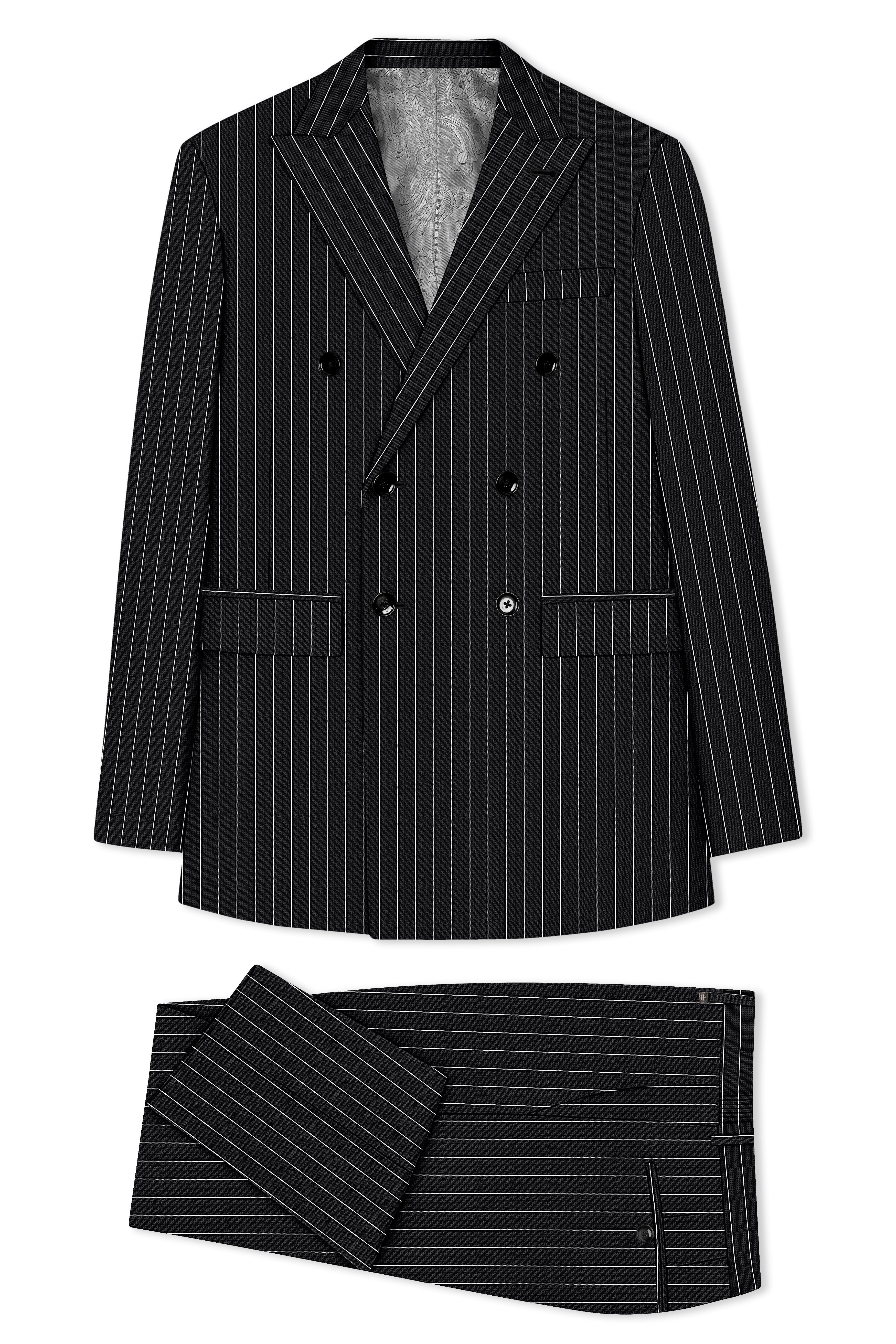 Viceroy-Jade Black And Bright White Chalk Striped Wool Rich Slight Stretch Double Breasted Suit