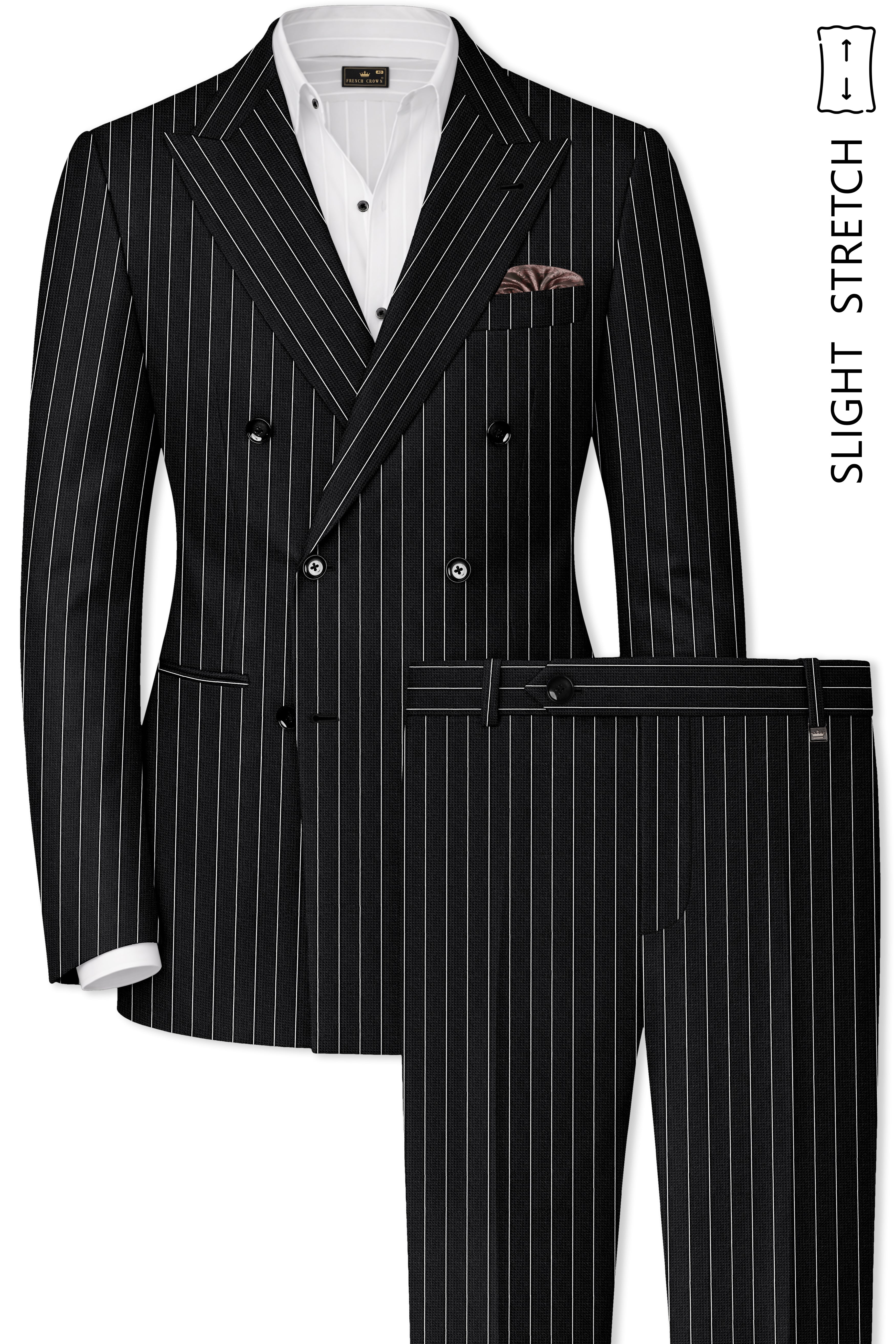 Viceroy-Jade Black And Bright White Chalk Striped Wool Rich Slight Stretch Double Breasted Suit