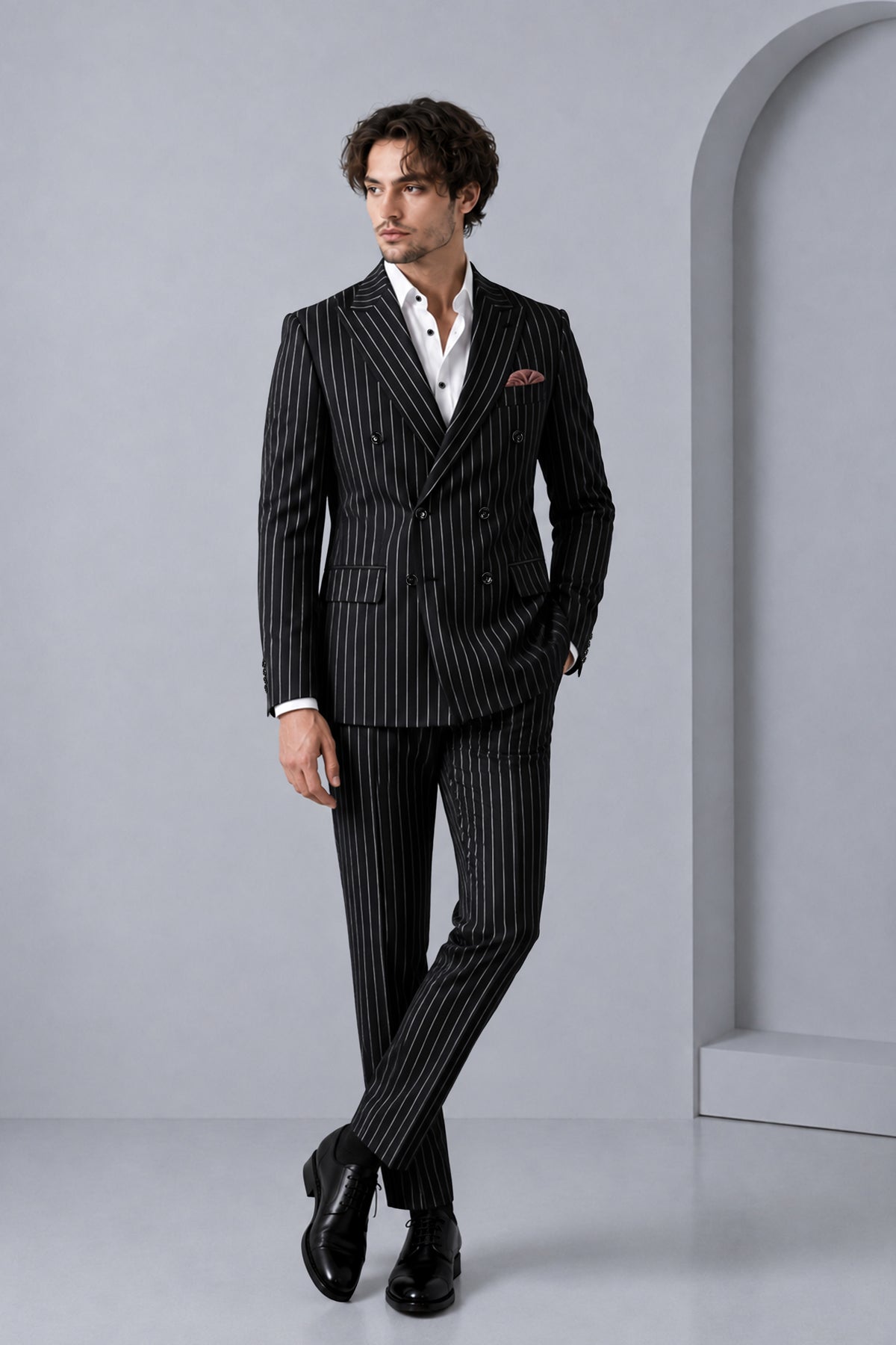 Viceroy-Jade Black And Bright White Chalk Striped Wool Rich Slight Stretch Double Breasted Suit