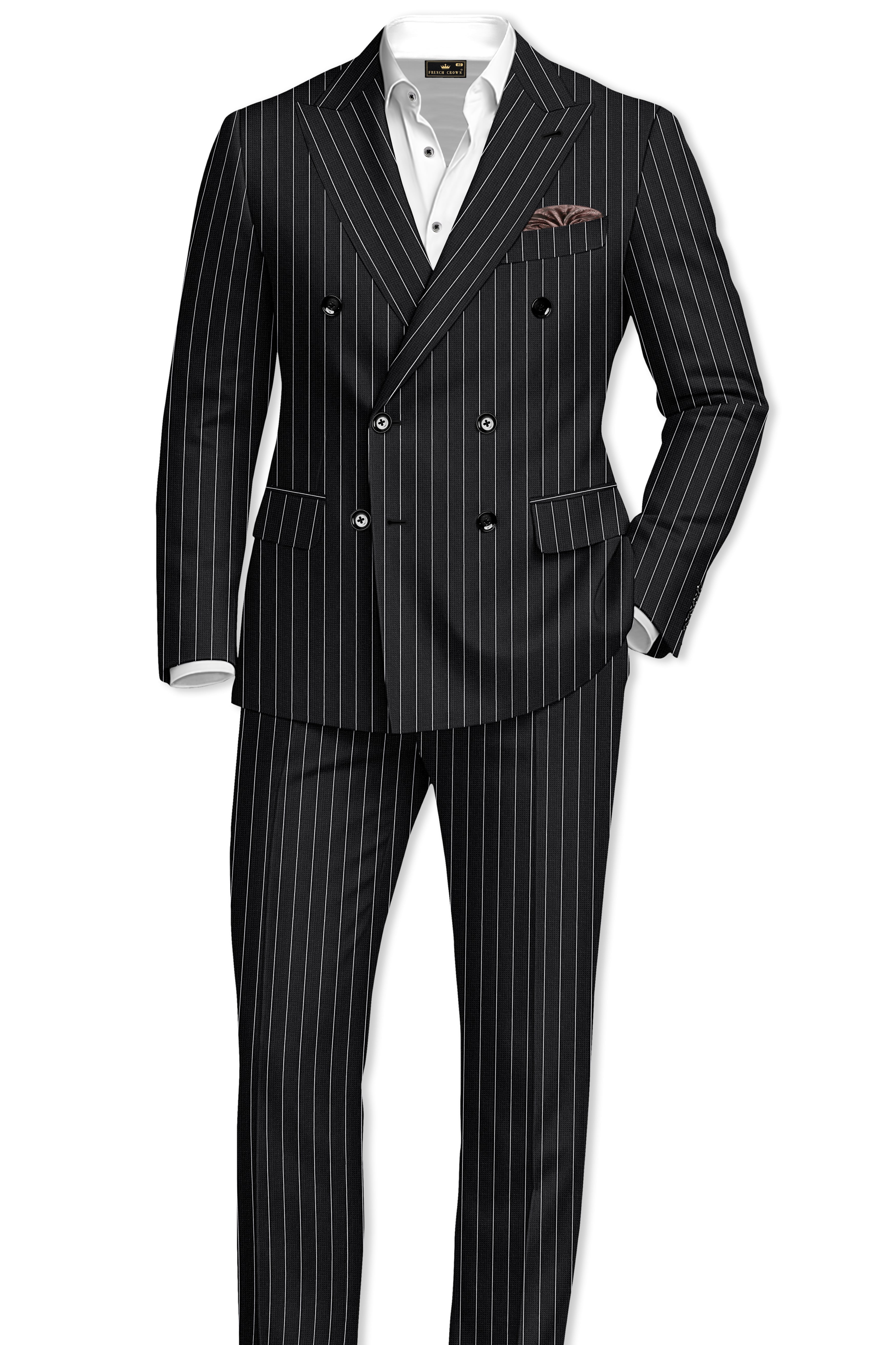 Viceroy-Jade Black And Bright White Chalk Striped Wool Rich Slight Stretch Double Breasted Suit