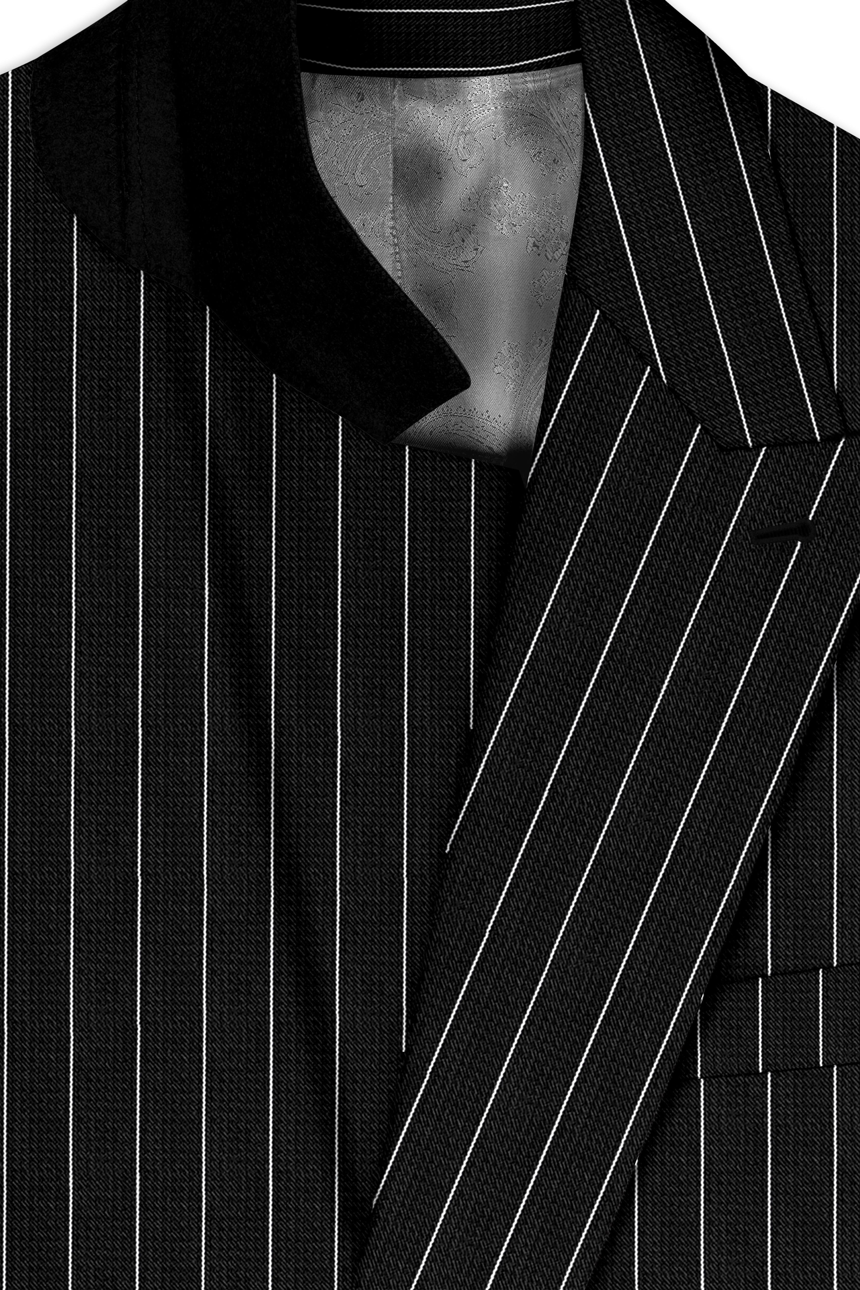 Viceroy-Jade Black And Bright White Chalk Striped Wool Rich Slight Stretch Double Breasted Suit