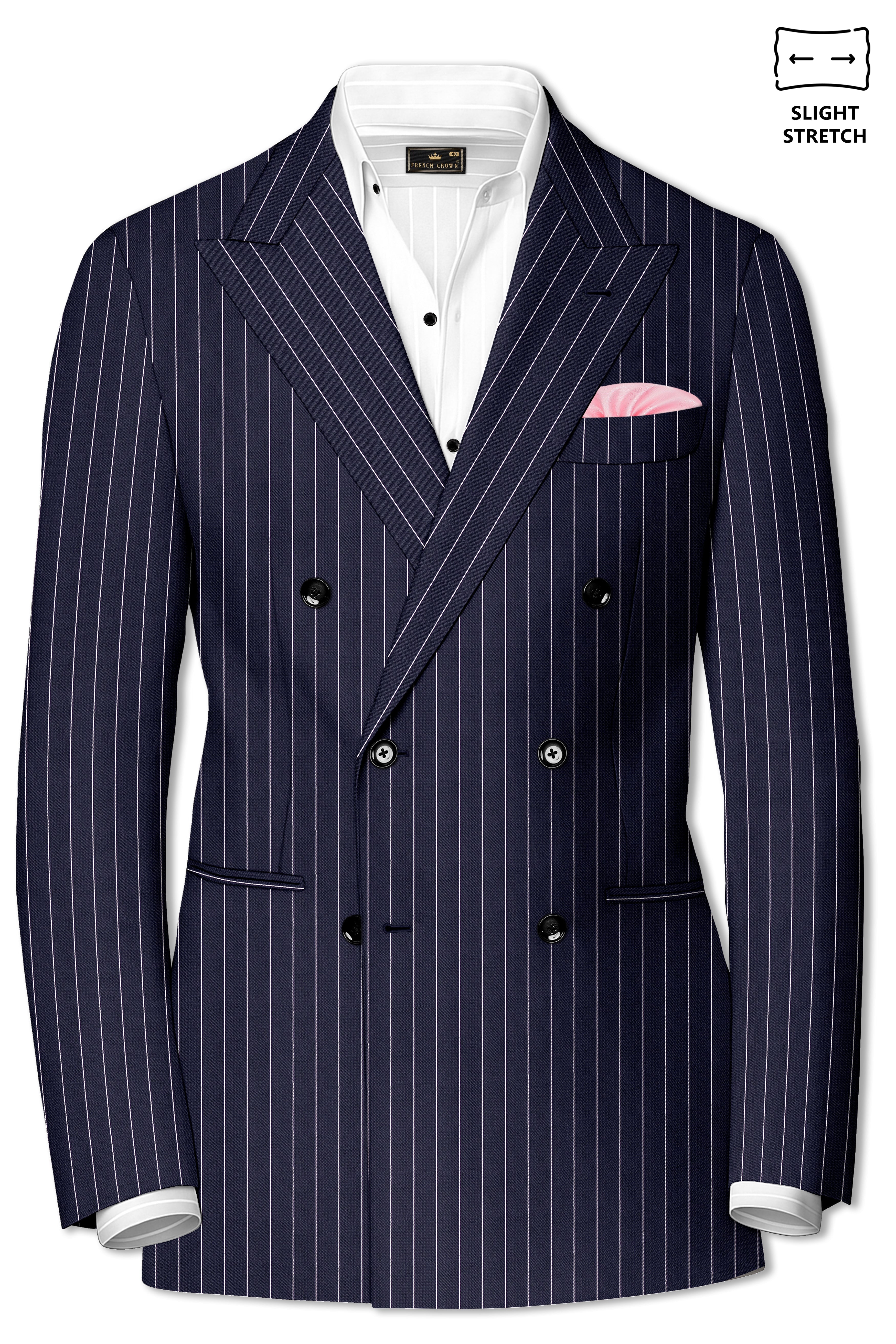 Regent-Ebony Blue And Bright White Chalk Striped Wool Rich Slight Stretch Double Breasted Suit