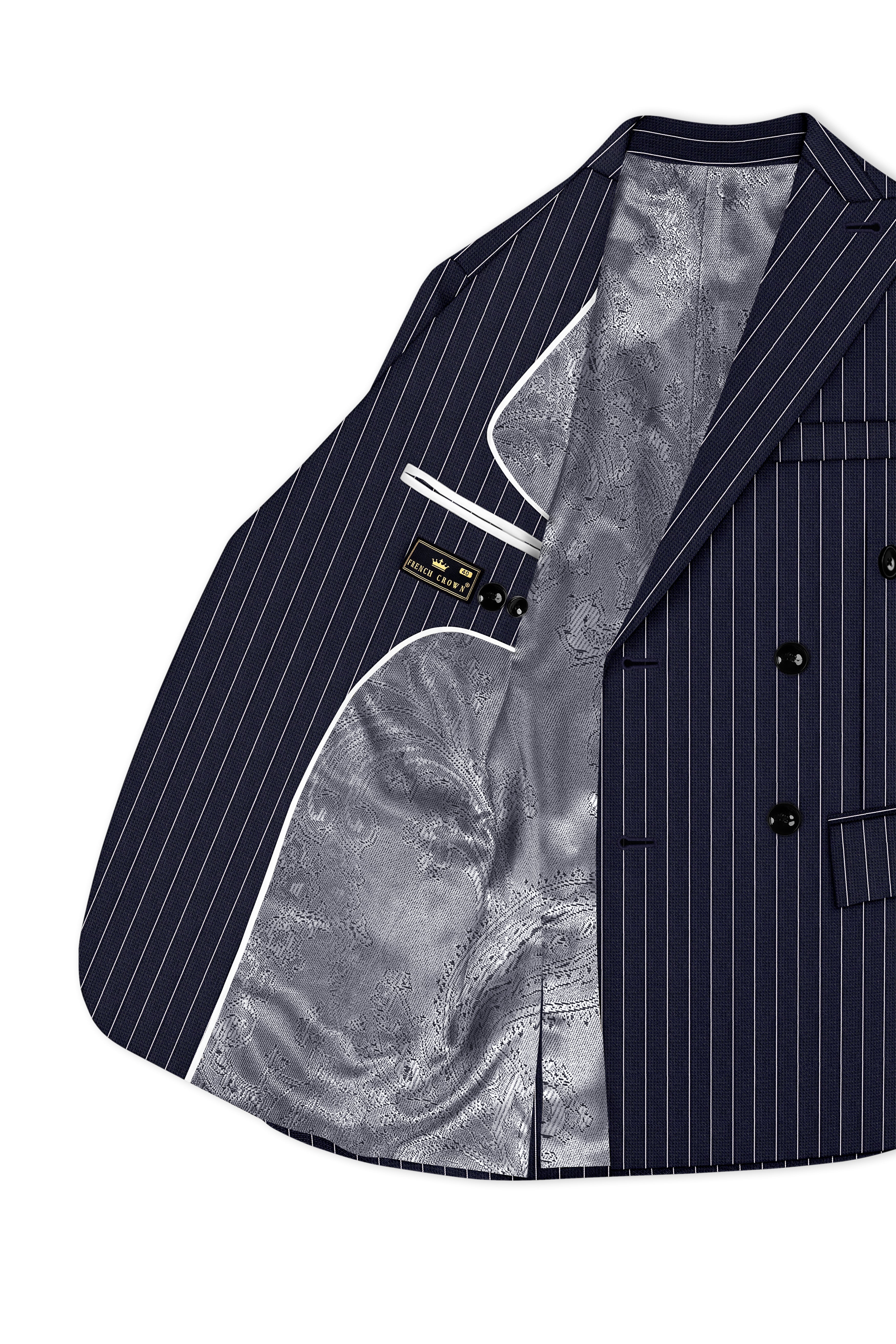 Regent-Ebony Blue And Bright White Chalk Striped Wool Rich Slight Stretch Double Breasted Suit