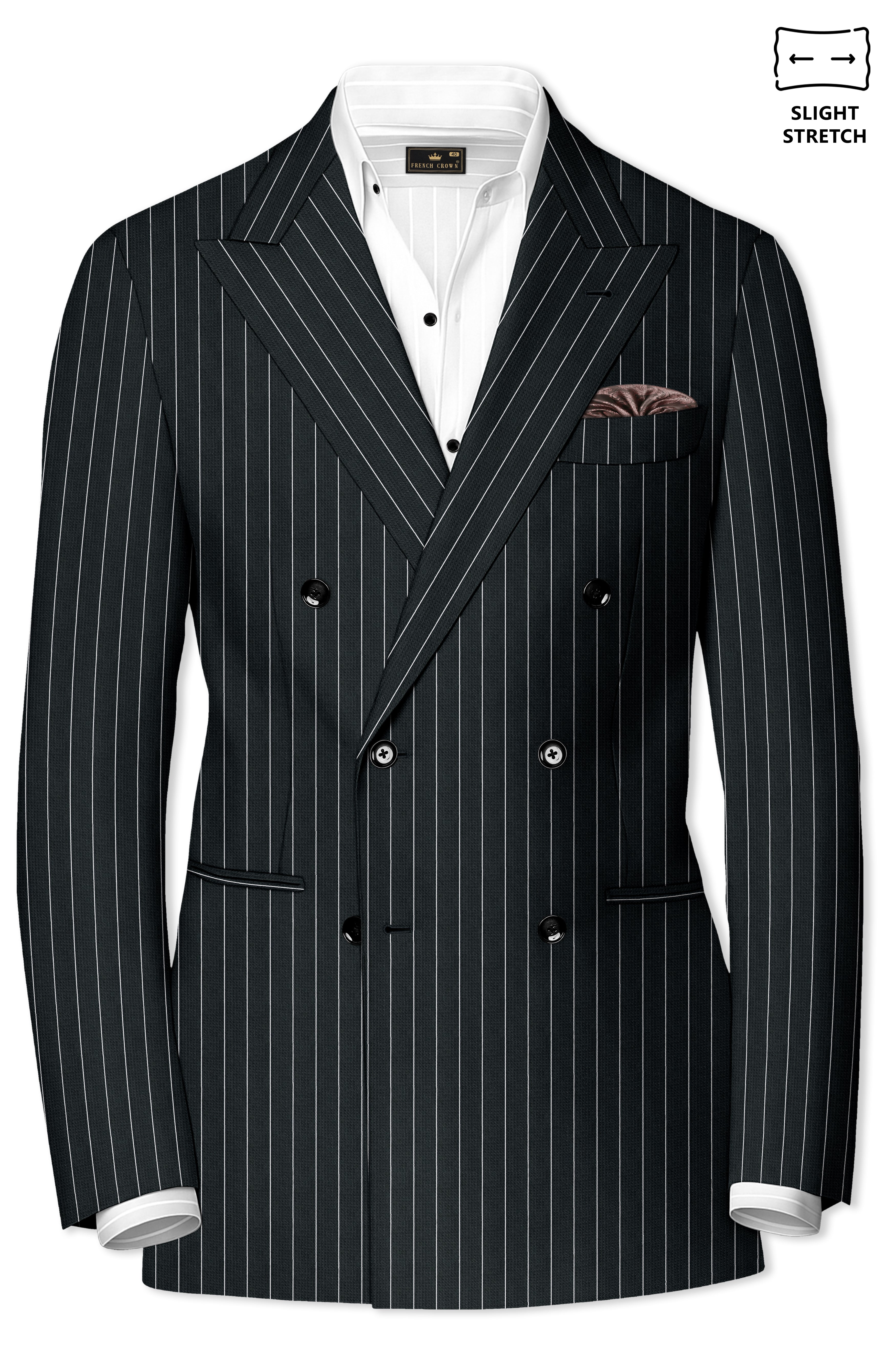 Viceroy-Hunter Green And Bright White Chalk Striped Wool Rich Slight Stretch Double Breasted Suit