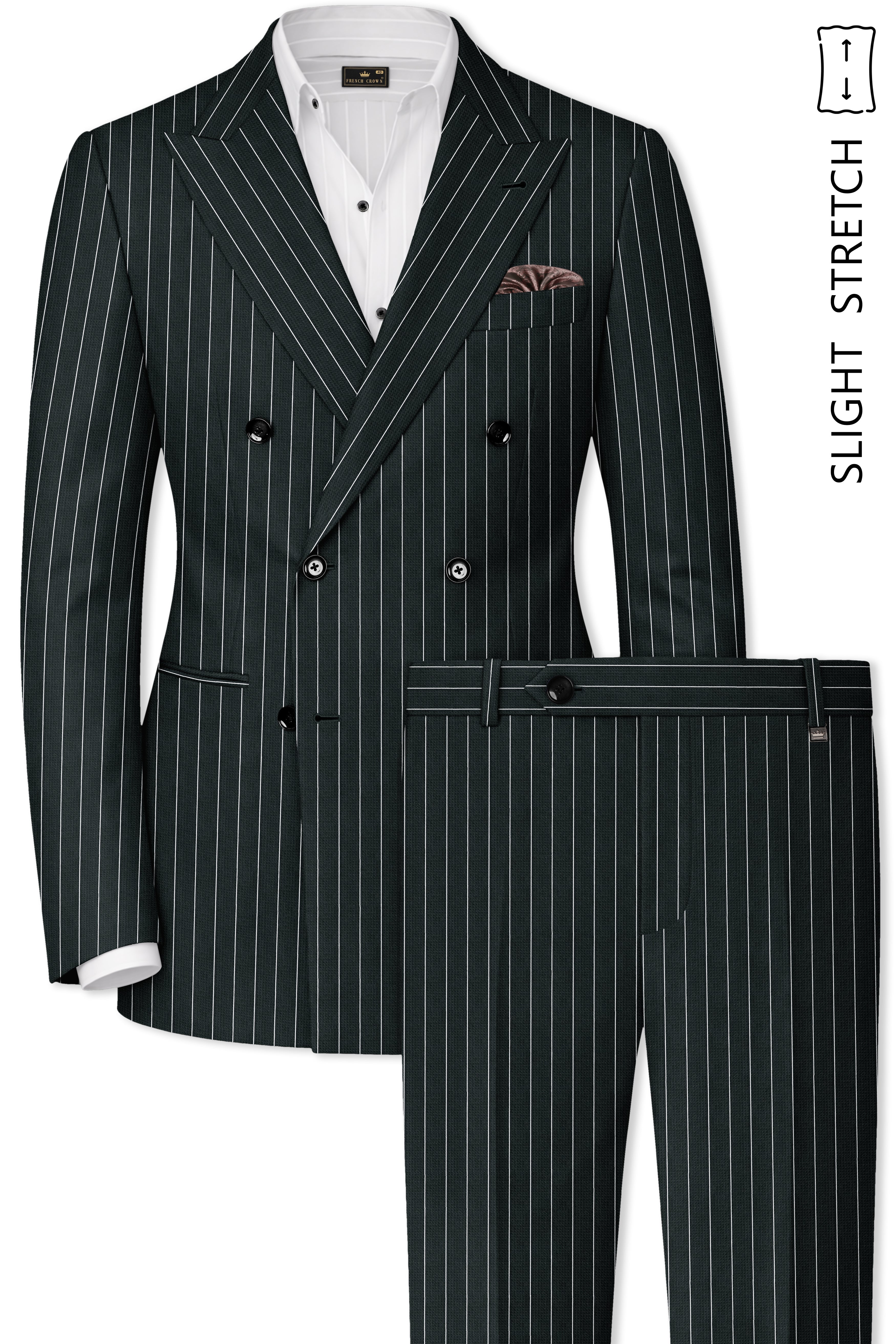 Viceroy-Hunter Green And Bright White Chalk Striped Wool Rich Slight Stretch Double Breasted Suit