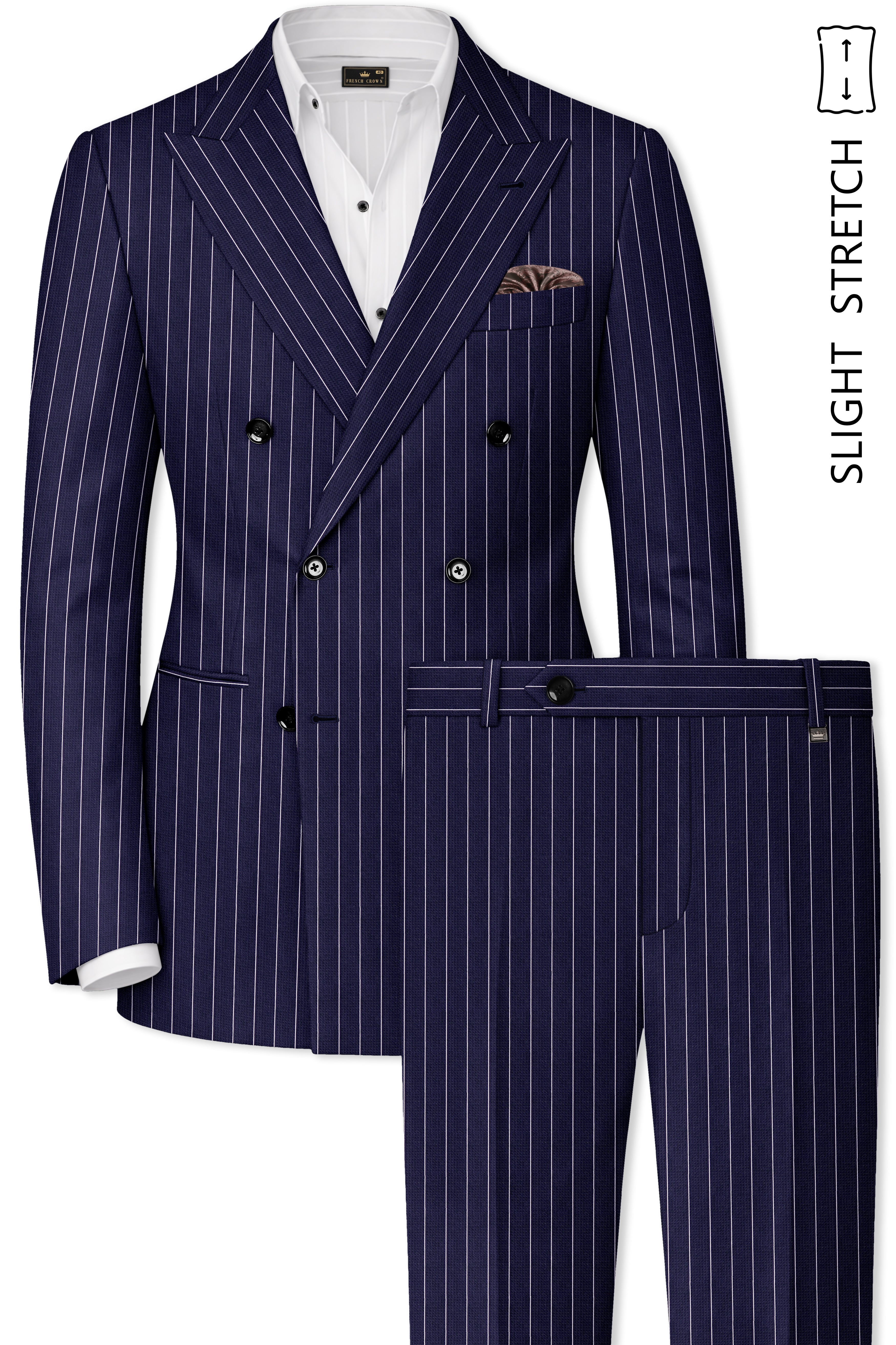 Ascot-Berry Blue And Bright White Chalk Striped Wool Rich Slight Stretch Double Breasted Suit