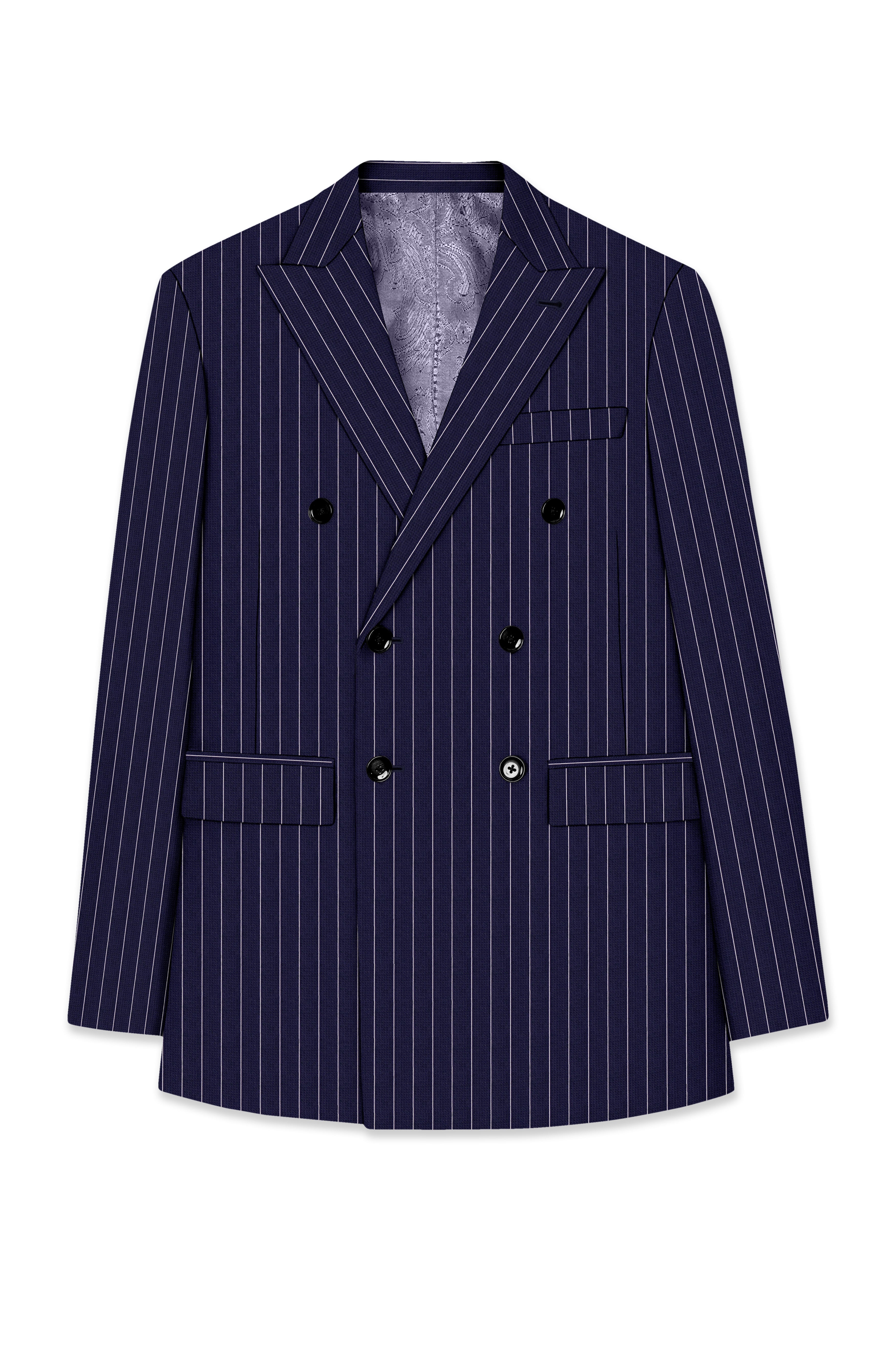Ascot-Berry Blue And Bright White Chalk Striped Wool Rich Slight Stretch Double Breasted Suit