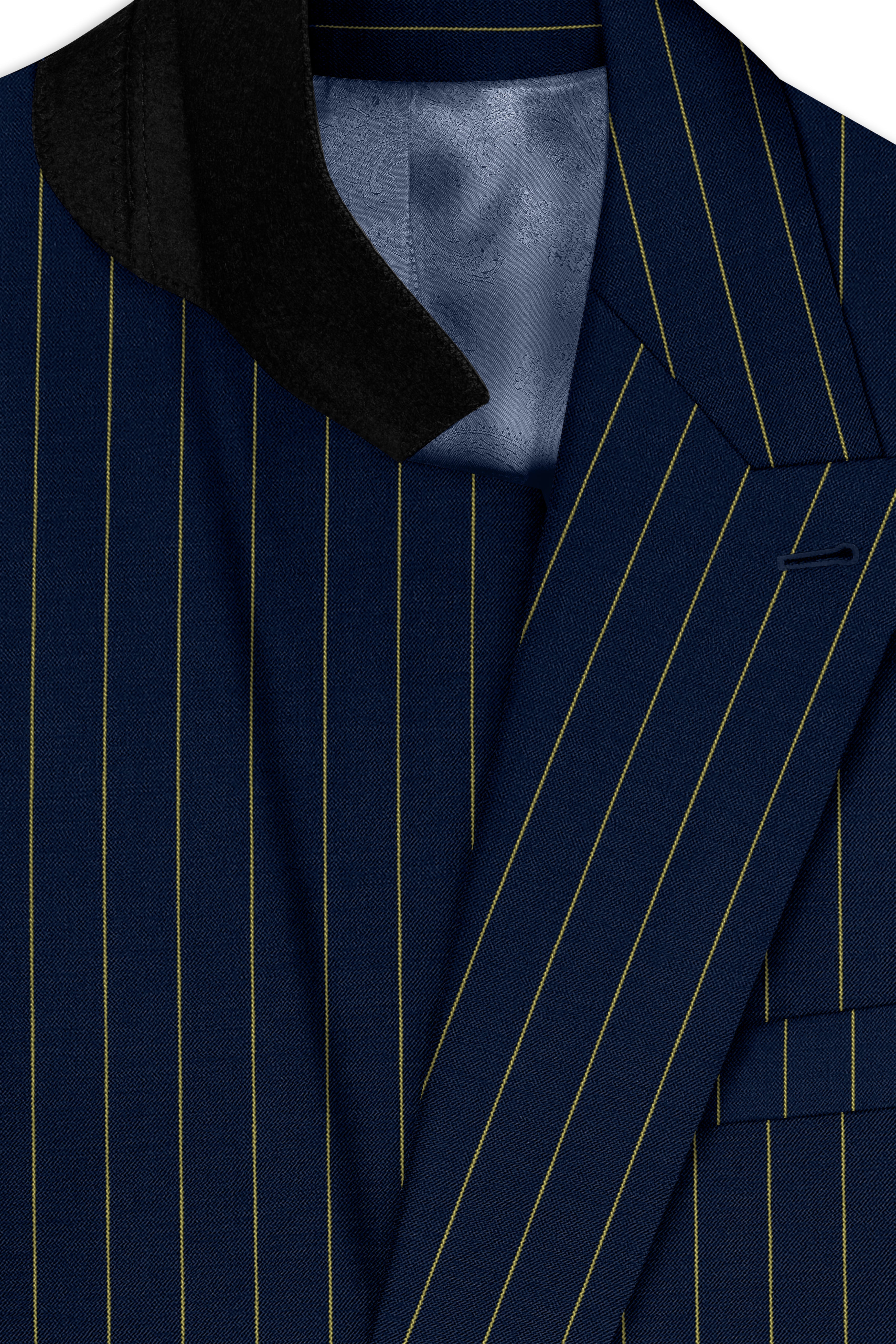 Aurum-Midnight Blue And Harvest Yellow Chalk Striped Wool Rich Slight Stretch Double Breasted Suit