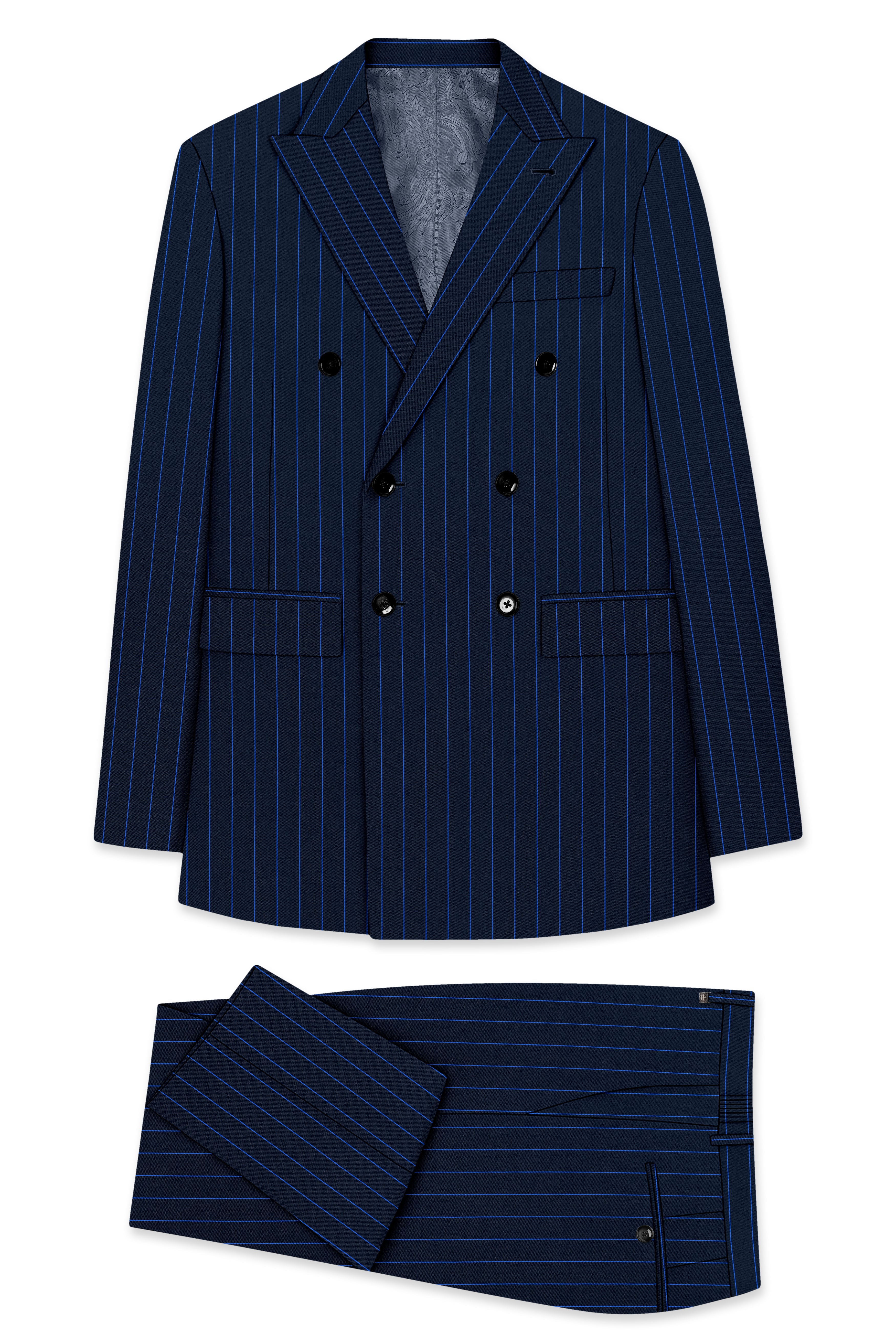 Strivon-Tealish Blue Chalk Striped Wool Rich Slight Stretch Double Breasted Suit