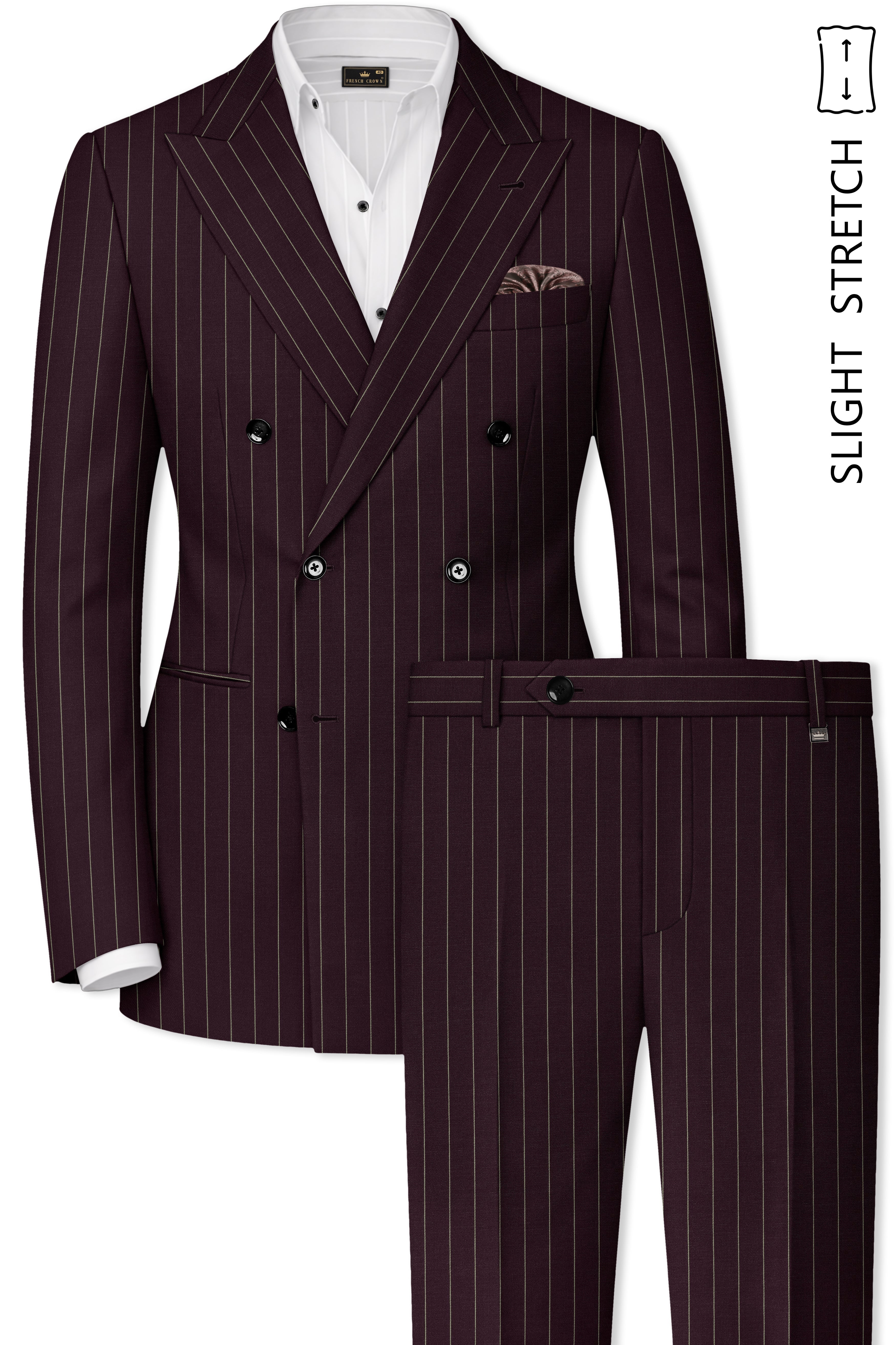 Valiant-Seal Maroon And Bright White Chalk Striped Wool Rich Slight Stretch Double Breasted Suit
