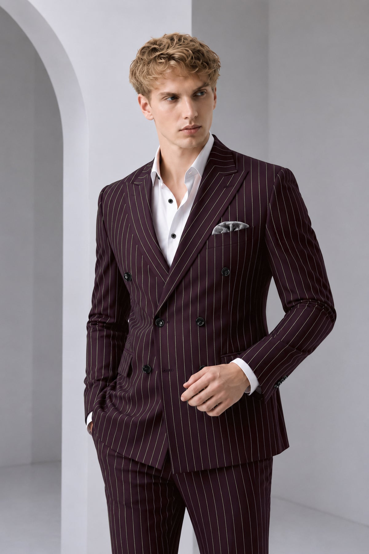 Valiant-Seal Maroon And Bright White Chalk Striped Wool Rich Slight Stretch Double Breasted Suit