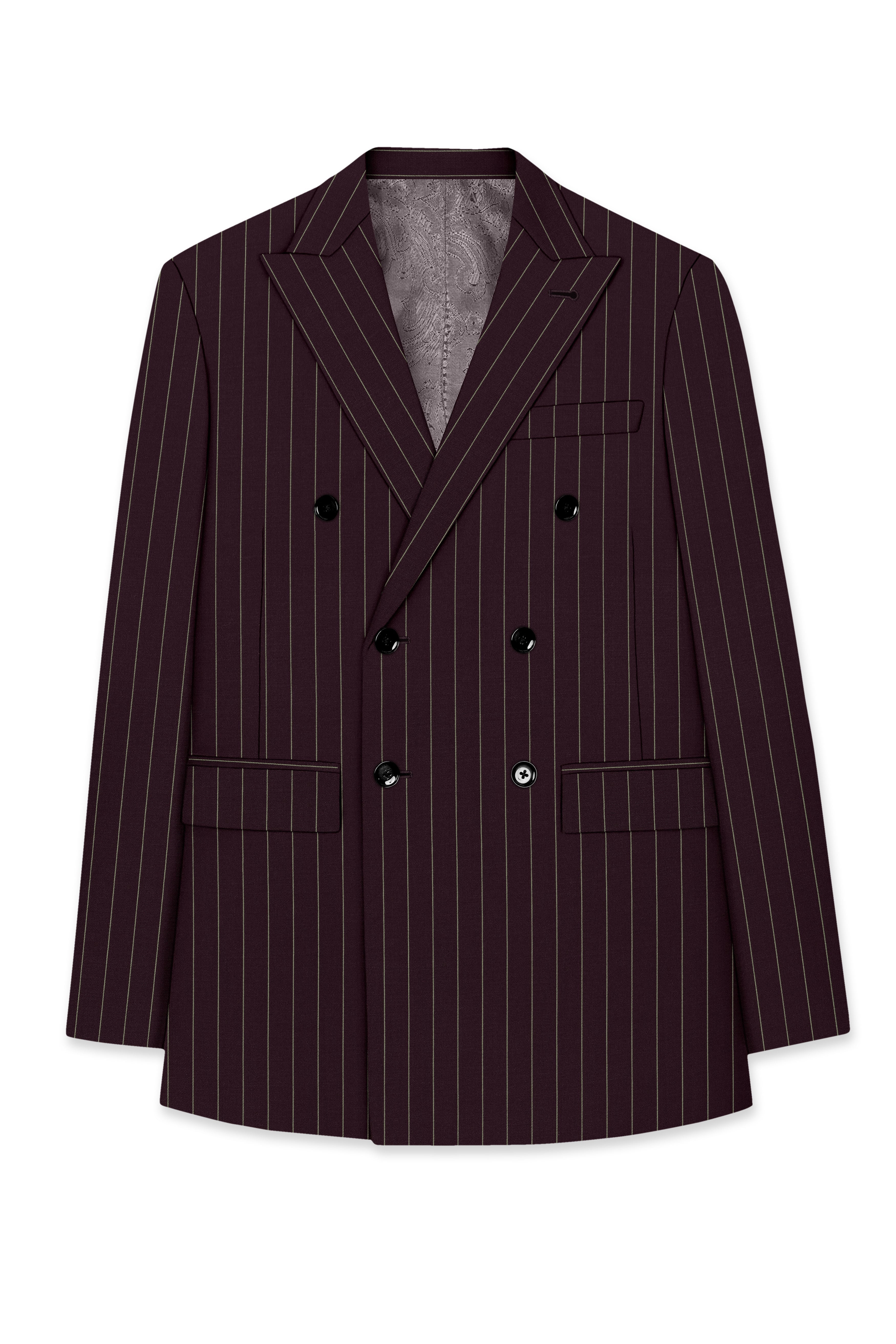 Valiant-Seal Maroon And Bright White Chalk Striped Wool Rich Slight Stretch Double Breasted Suit