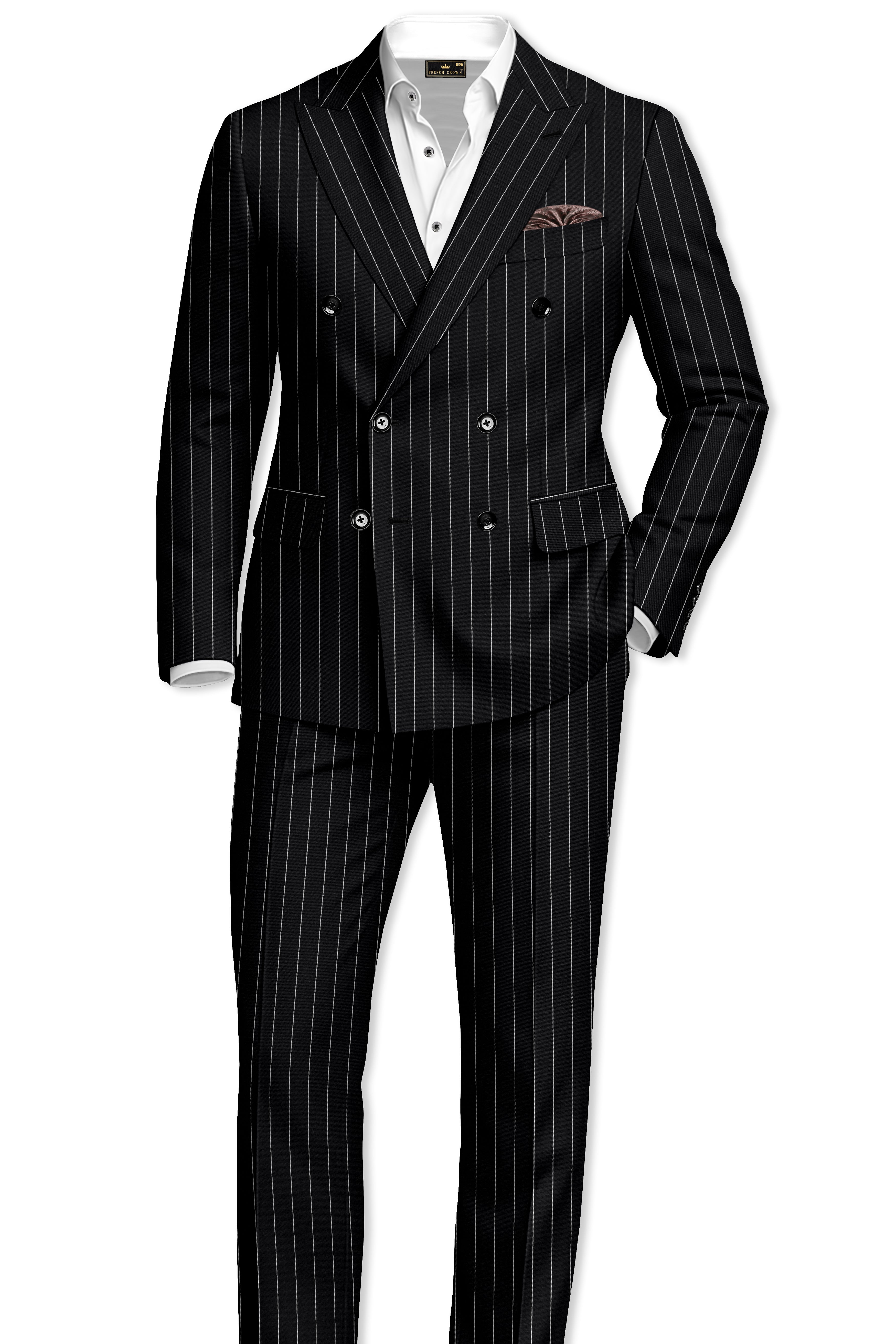 Veritas-Jade Black And Bright White Pin Striped Wool Rich Slight Stretch Double Breasted Suit