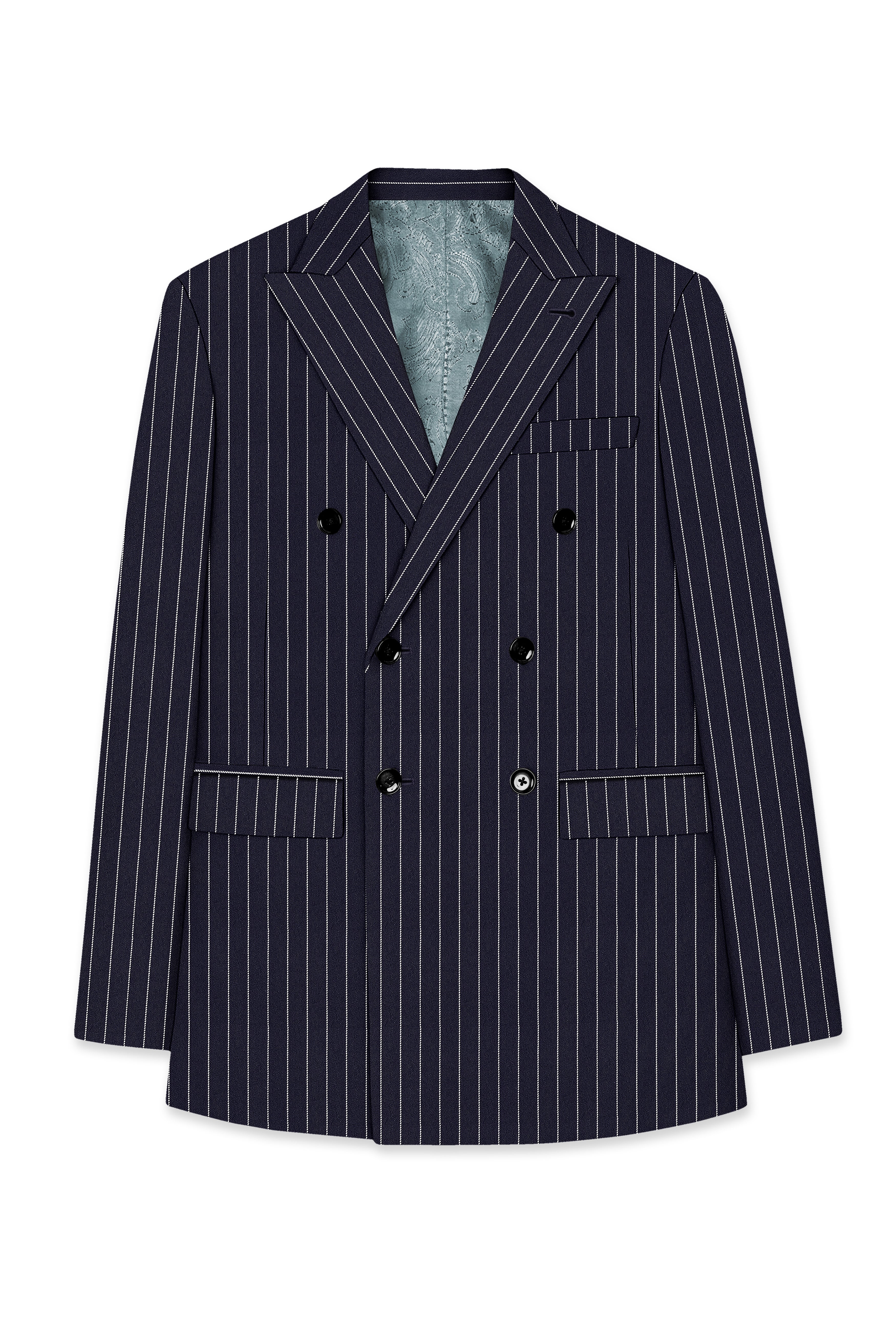 Aurelius-Cinder Blue Bright White Chalk Striped Wool Rich Slight Stretch Double Breasted Suit