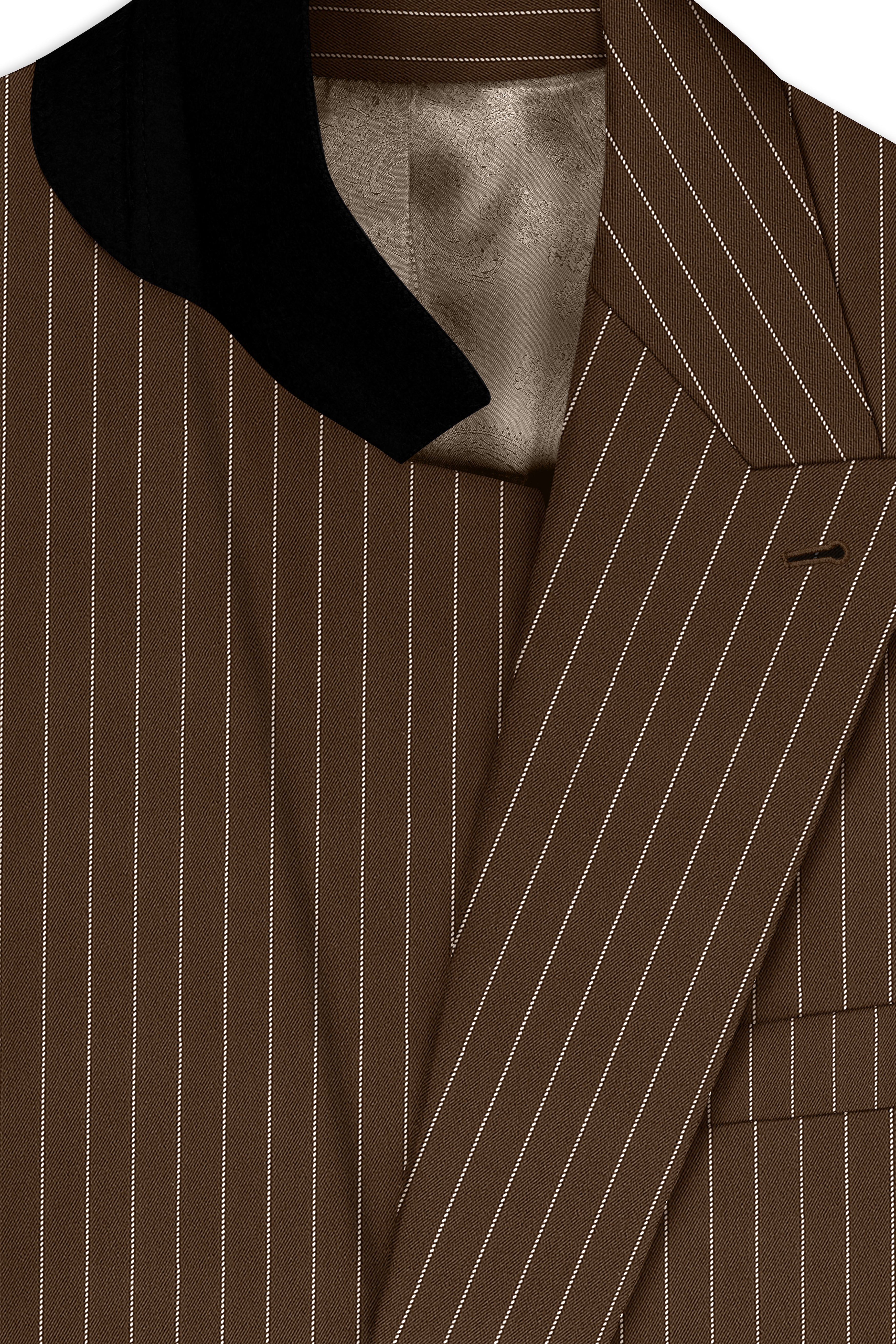 Bristol-Iroko Brown And Bright White Chalk Striped Wool Rich Slight Stretch Double Breasted Suit