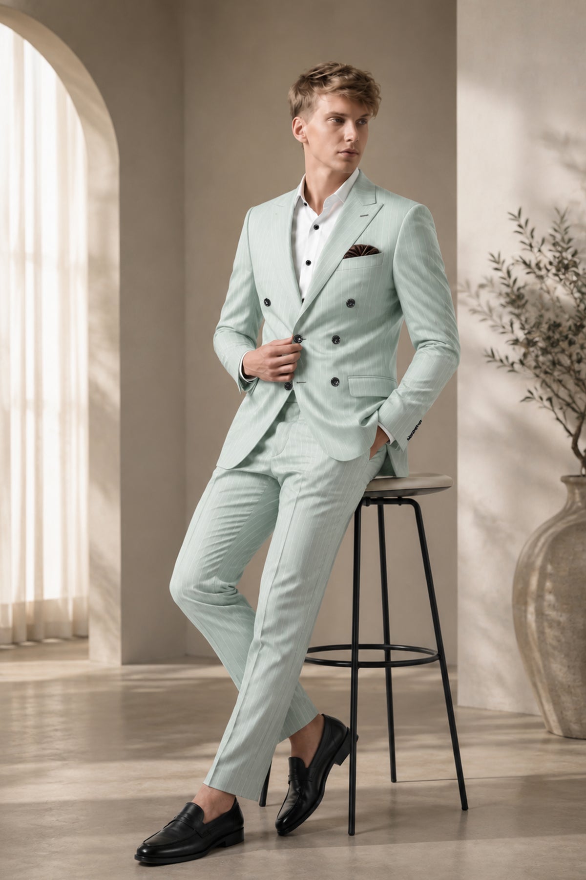 Halcyon-Pale Slate Green Herringbone Striped Wool Rich Slight Stretch Double Breasted Suit