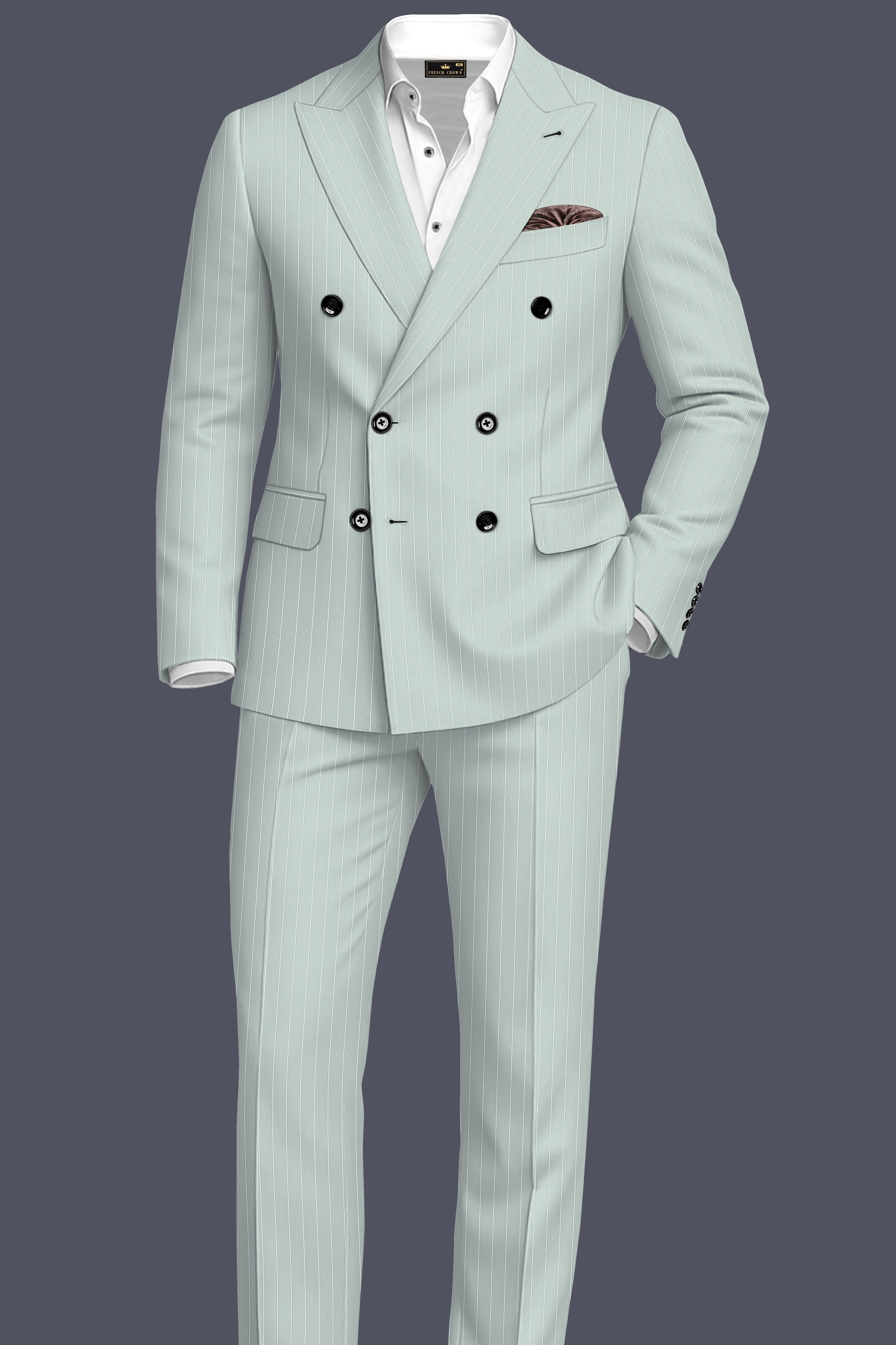 Halcyon-Pale Slate Green Herringbone Striped Wool Rich Slight Stretch Double Breasted Suit