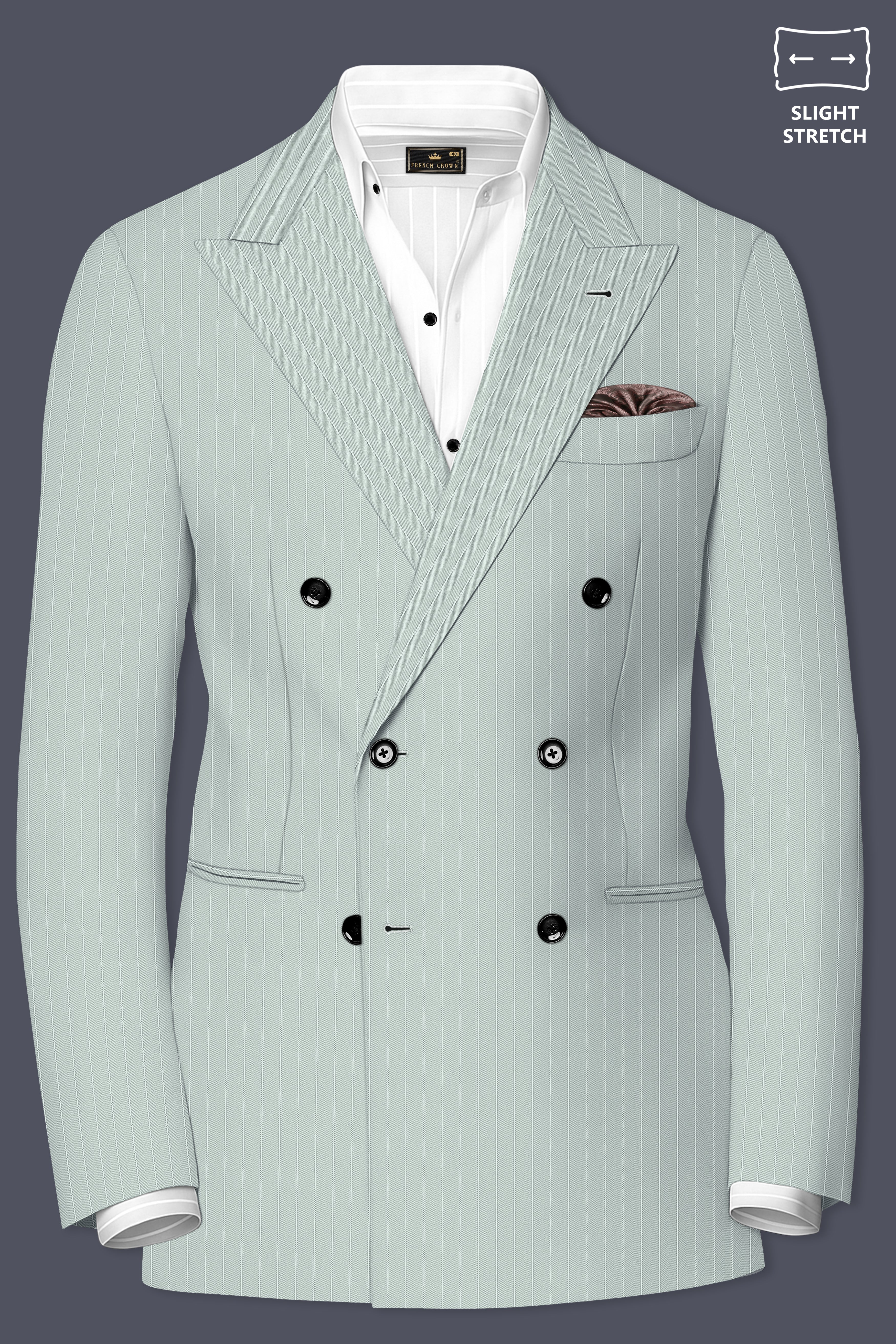 Halcyon-Pale Slate Green Herringbone Striped Wool Rich Slight Stretch Double Breasted Suit