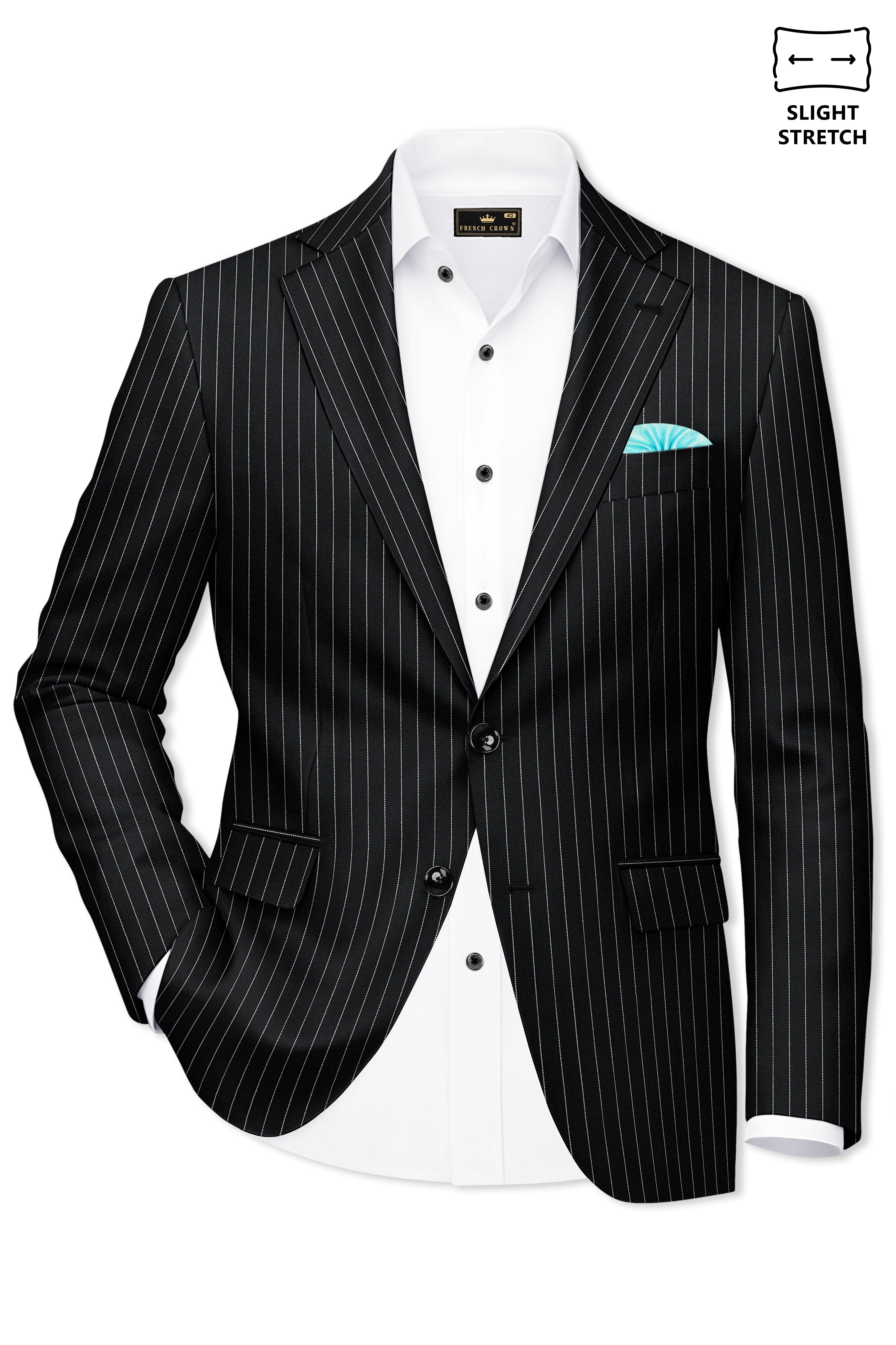 Strivon-Jade Black And Bright White Chalk Striped Wool Rich Slight Stretch Single Breasted Suit