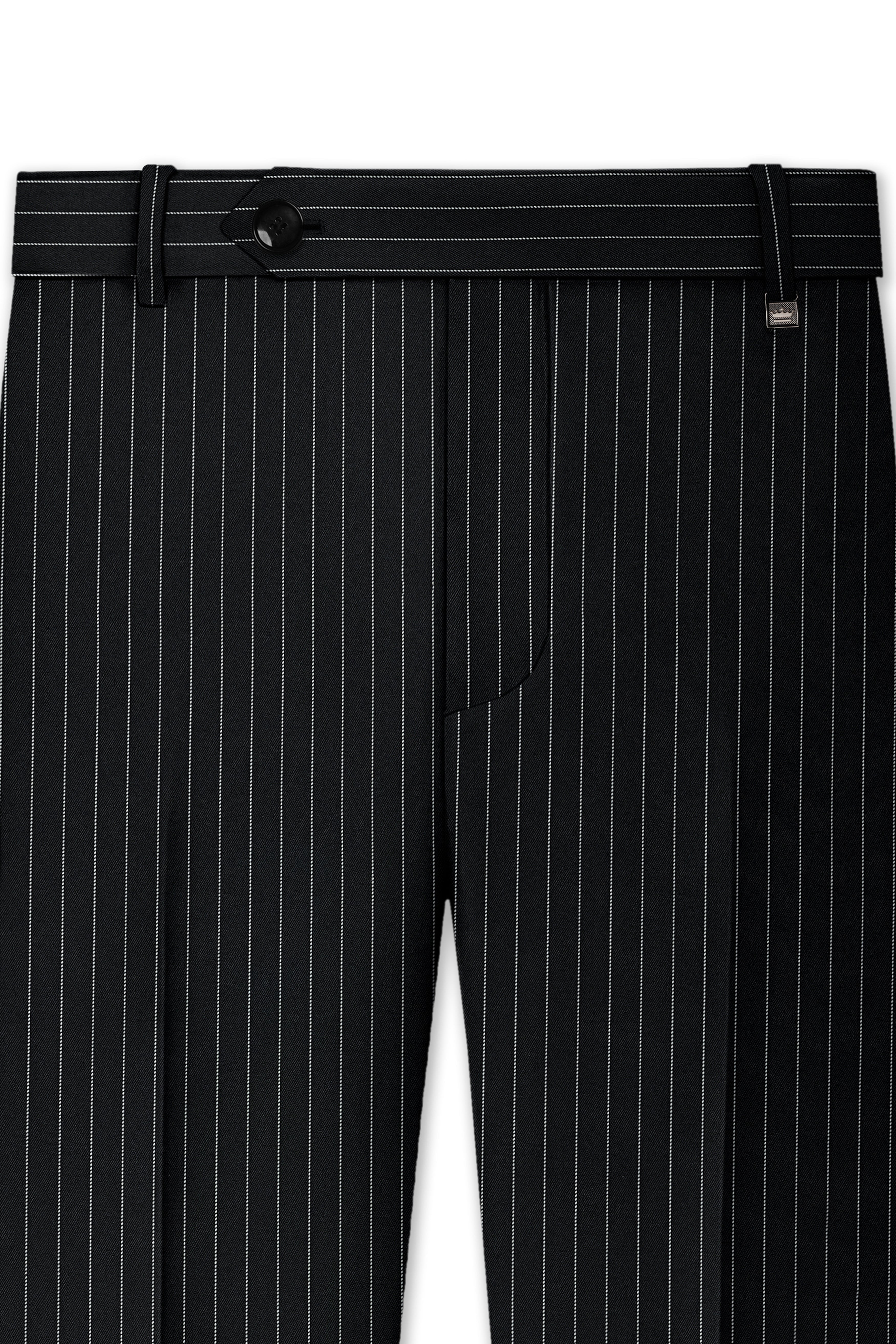 Strivon-Jade Black And Bright White Chalk Striped Wool Rich Slight Stretch Single Breasted Suit
