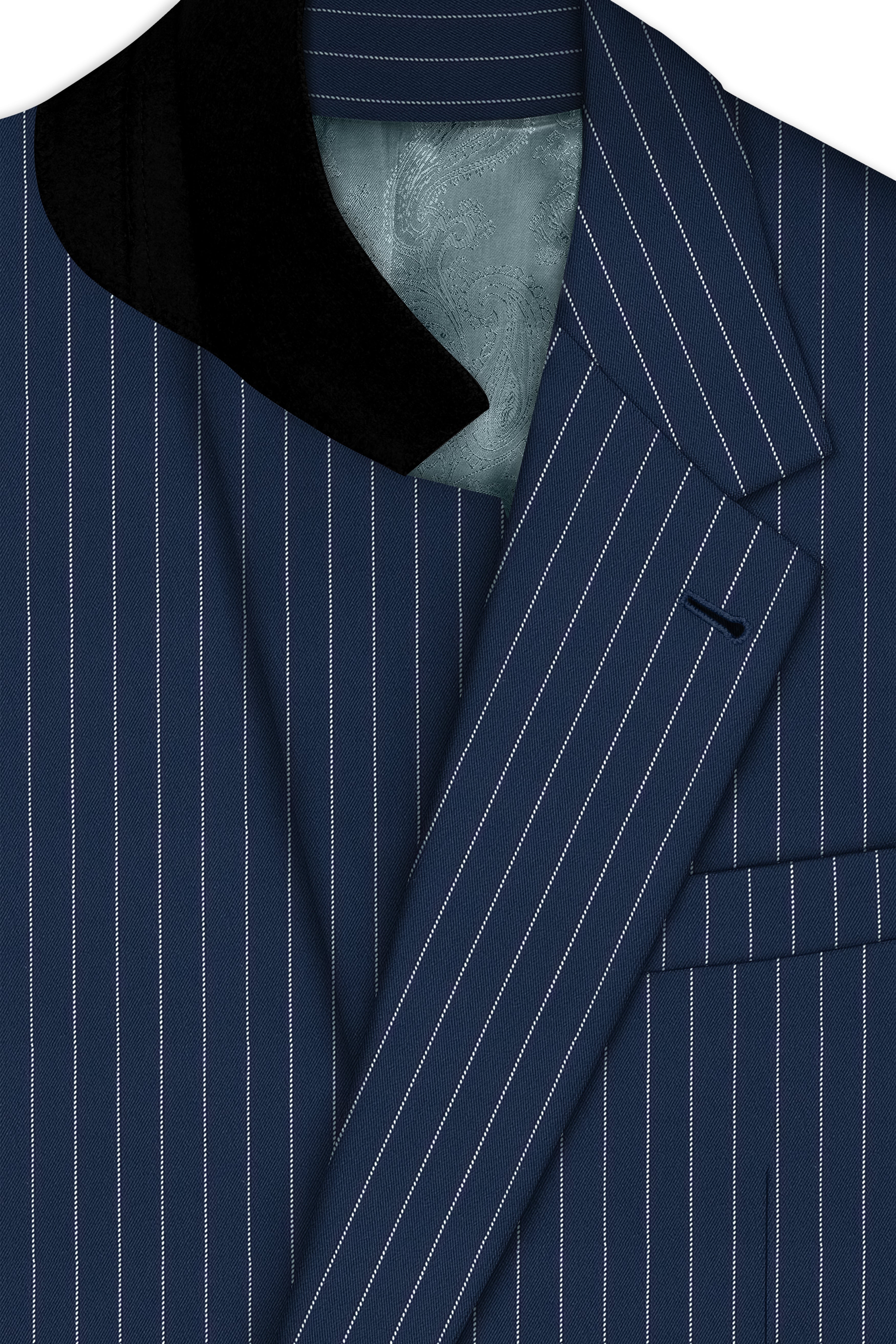 Veritus-Zodiac Blue And Bright White Chalk Striped Wool Rich Slight Stretch Single Breasted Suit