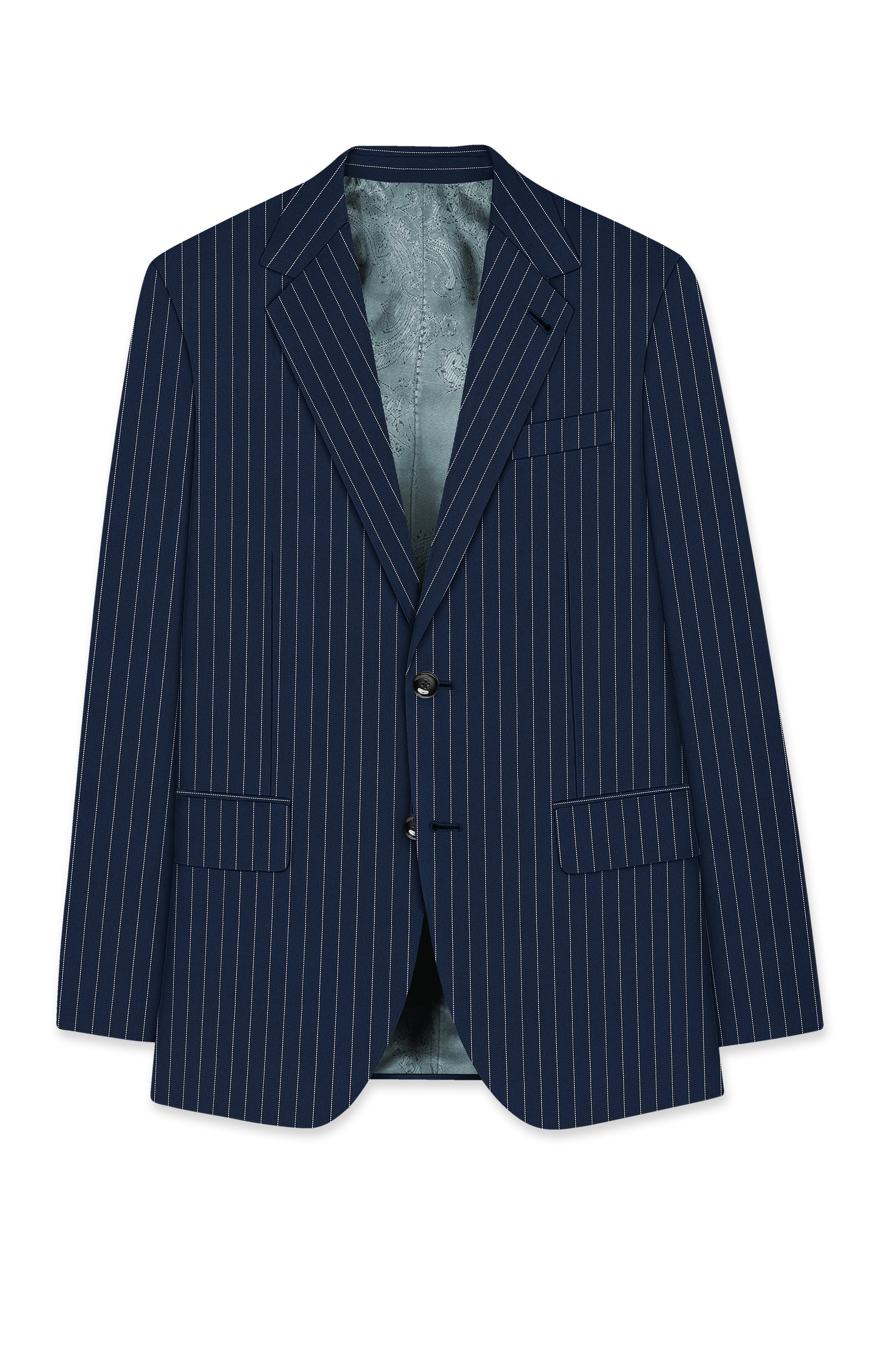 Veritus-Zodiac Blue And Bright White Chalk Striped Wool Rich Slight Stretch Single Breasted Suit