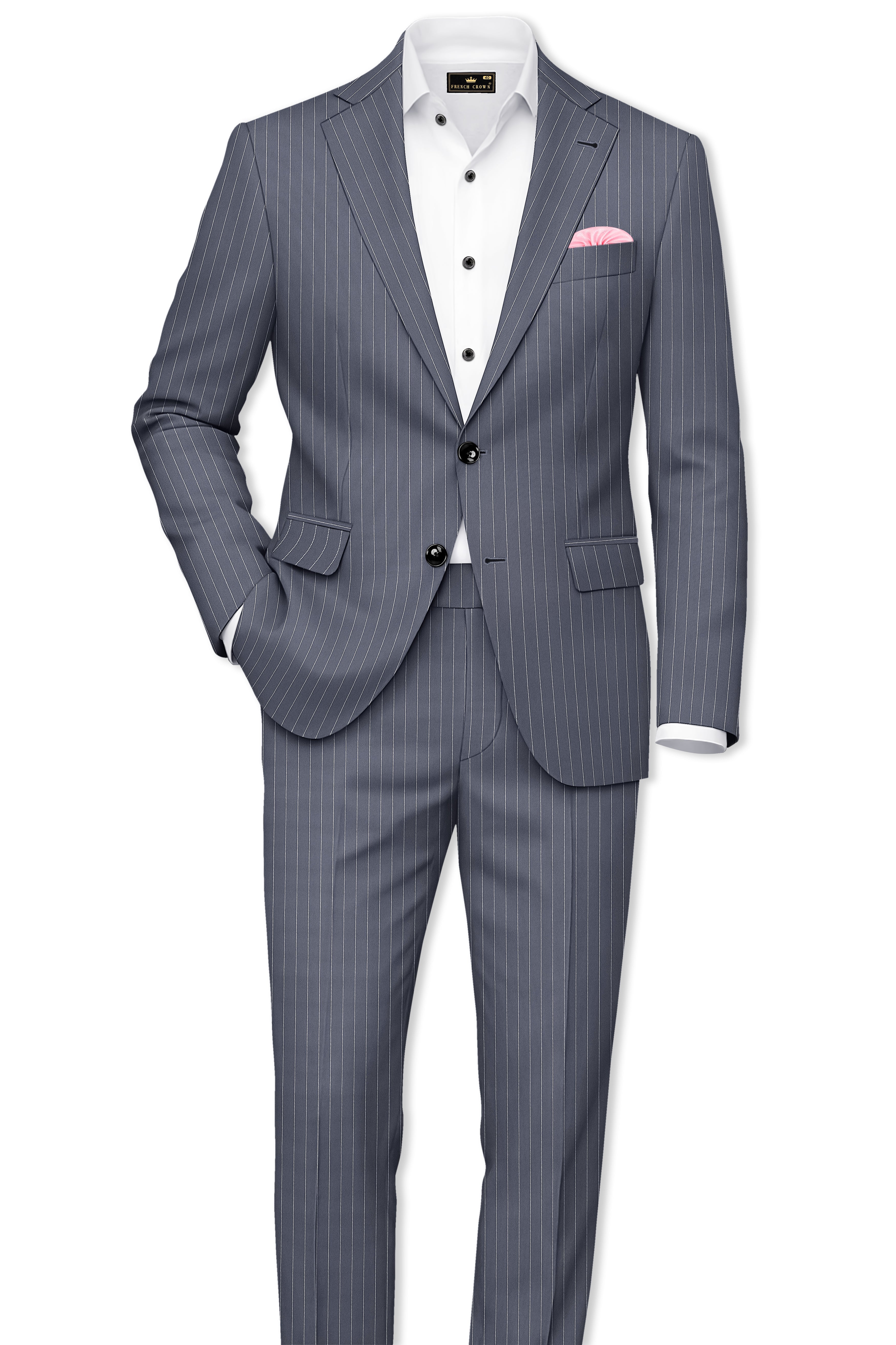 Monarch-Shark Gray And Bright White Chalk Striped Wool Rich Slight Stretch Single Breasted Suit