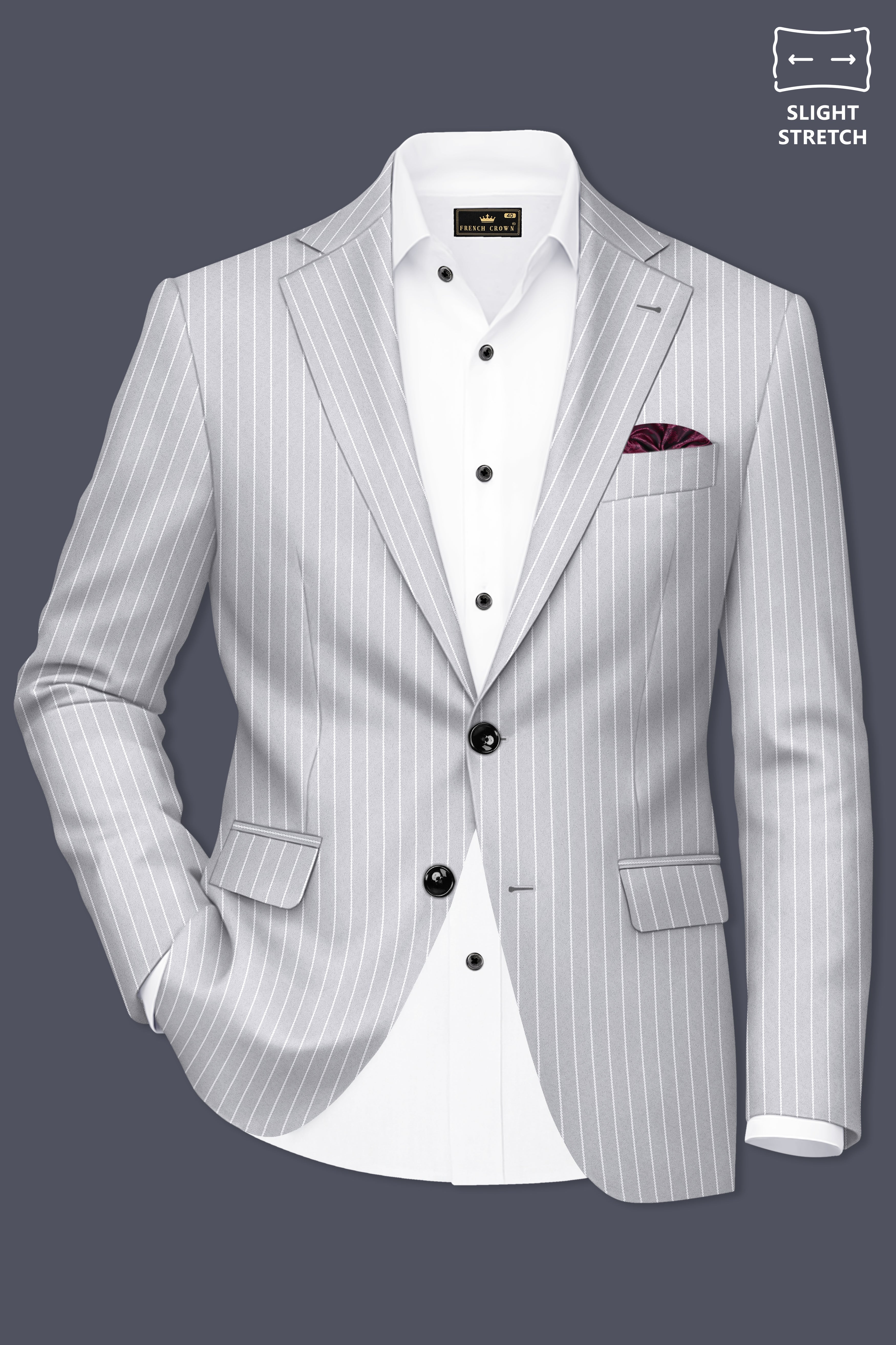 Sterlan-Goose Gray And Bright White Chalk Striped Wool Rich Slight Stretch Single Breasted Suit
