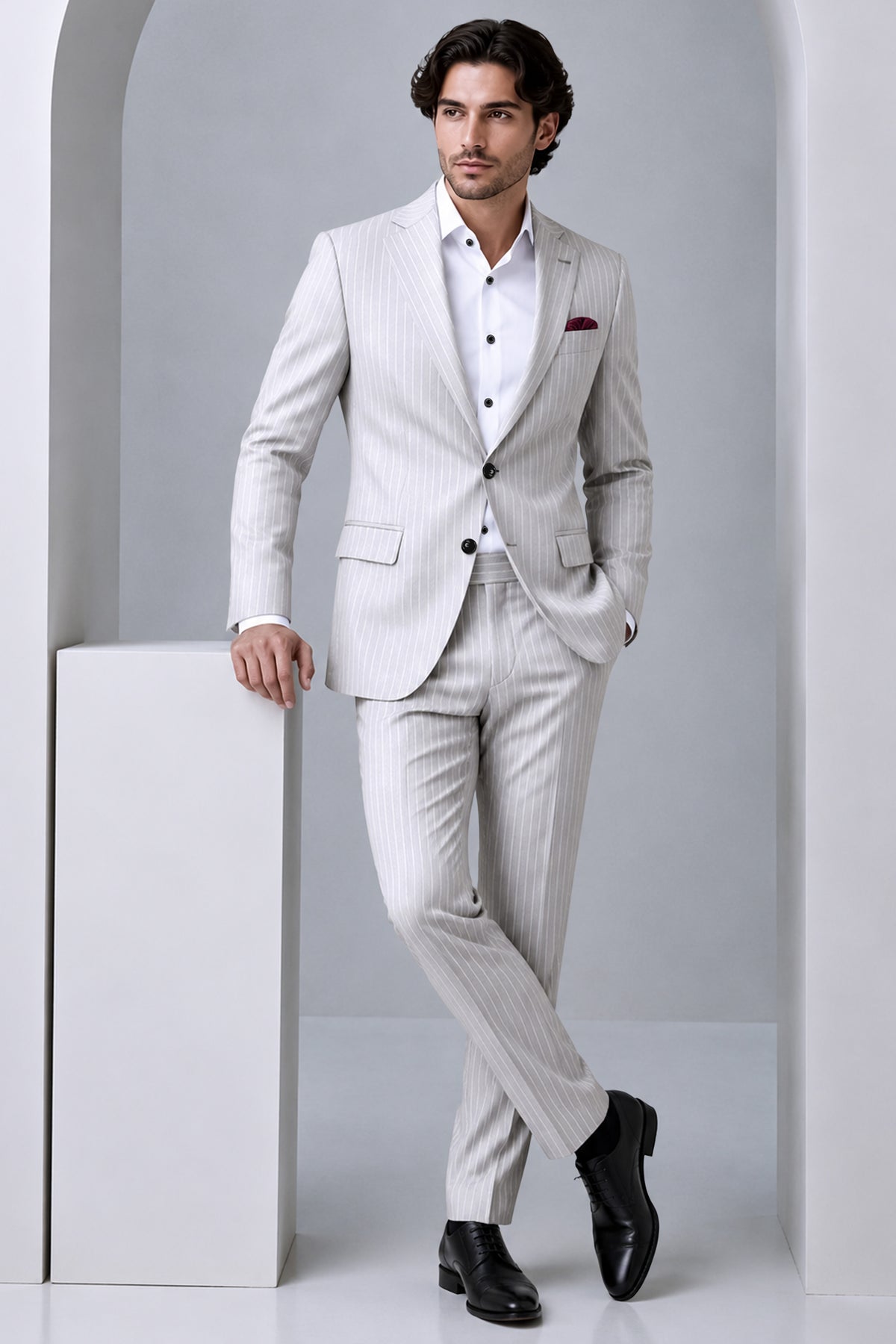 Sterlan-Goose Gray And Bright White Chalk Striped Wool Rich Slight Stretch Single Breasted Suit