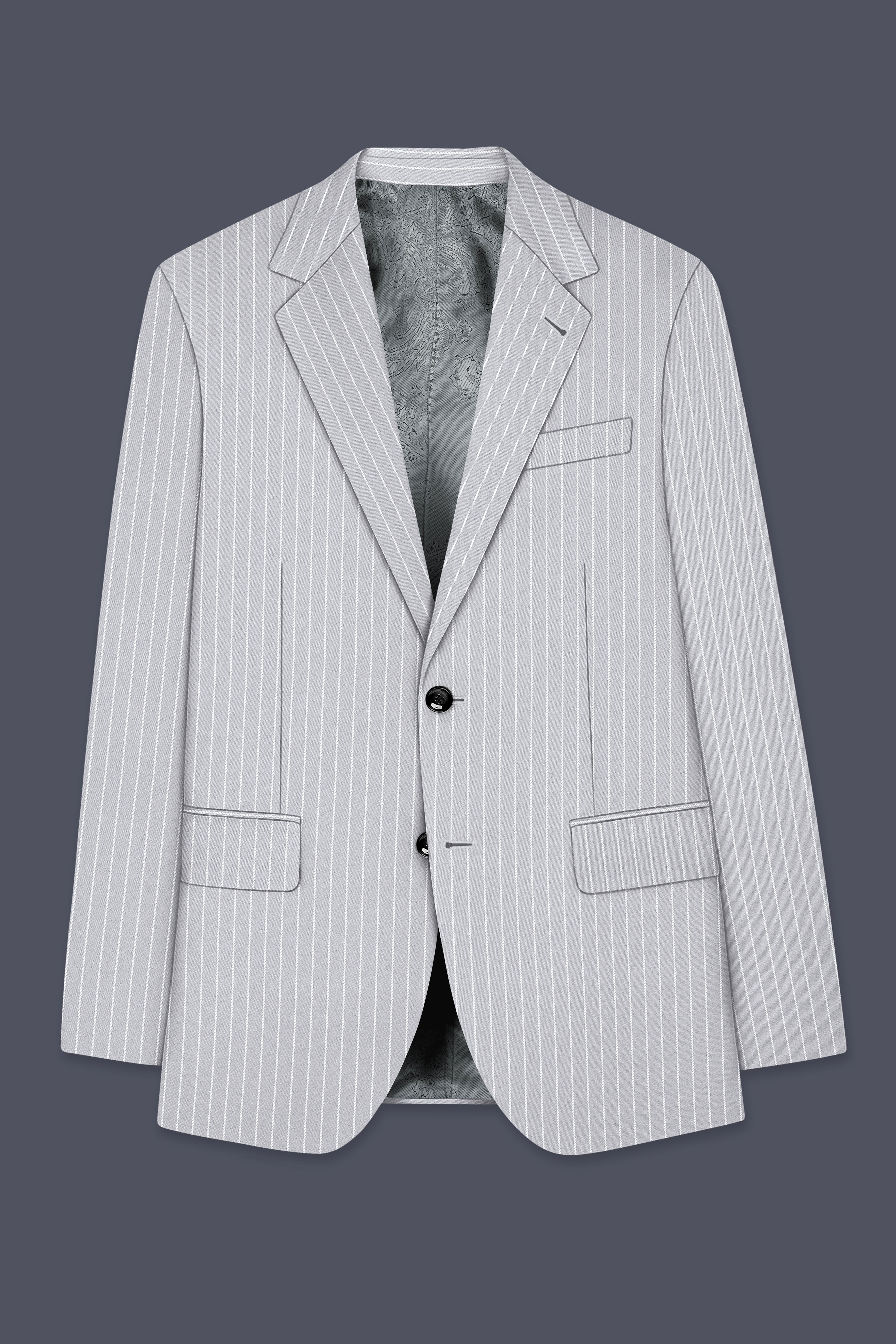 Sterlan-Goose Gray And Bright White Chalk Striped Wool Rich Slight Stretch Single Breasted Suit