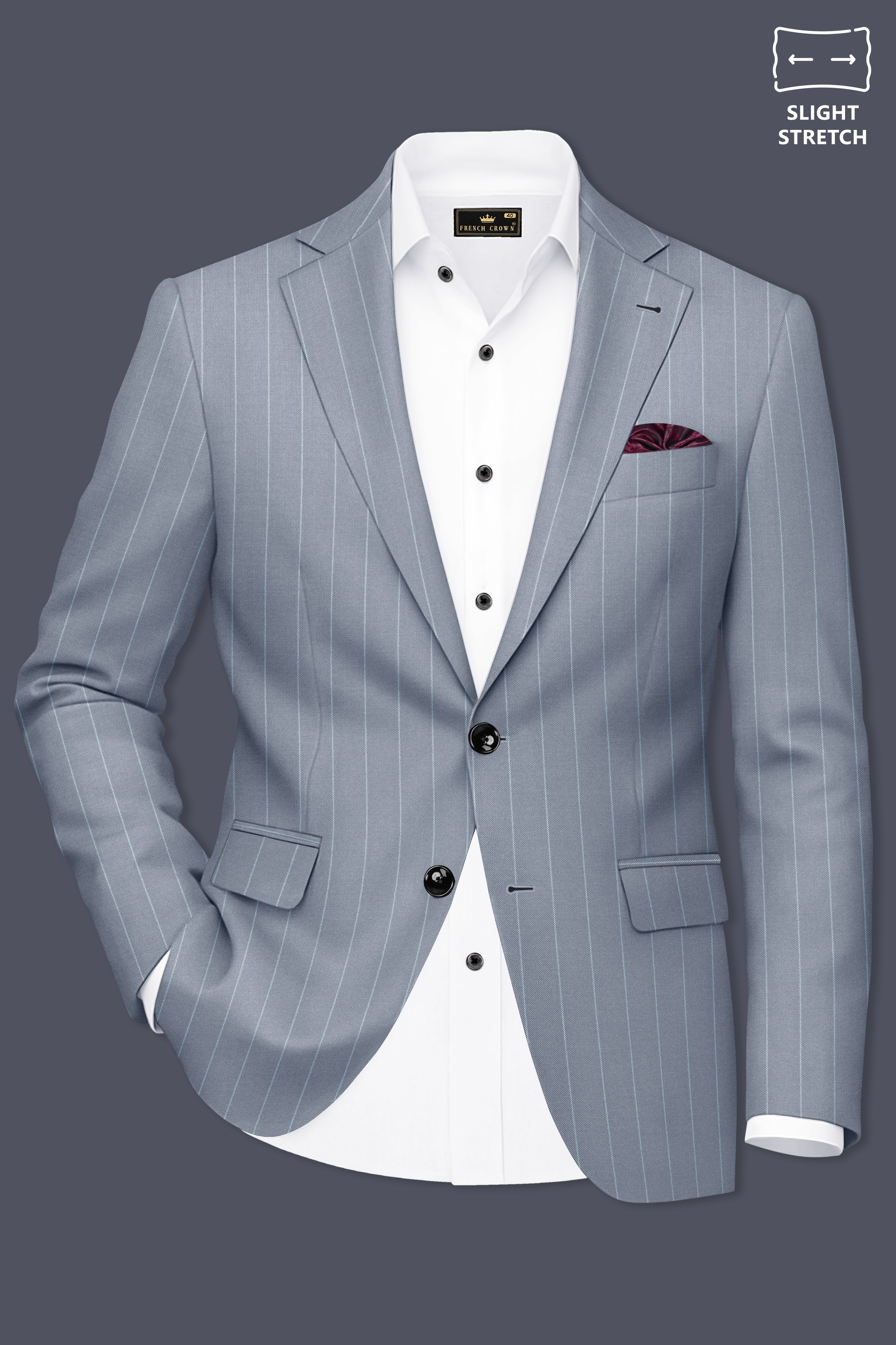 Prestige-Regent Gray And Bright White Chalk Striped Wool Rich Slight Stretch Single Breasted Suit