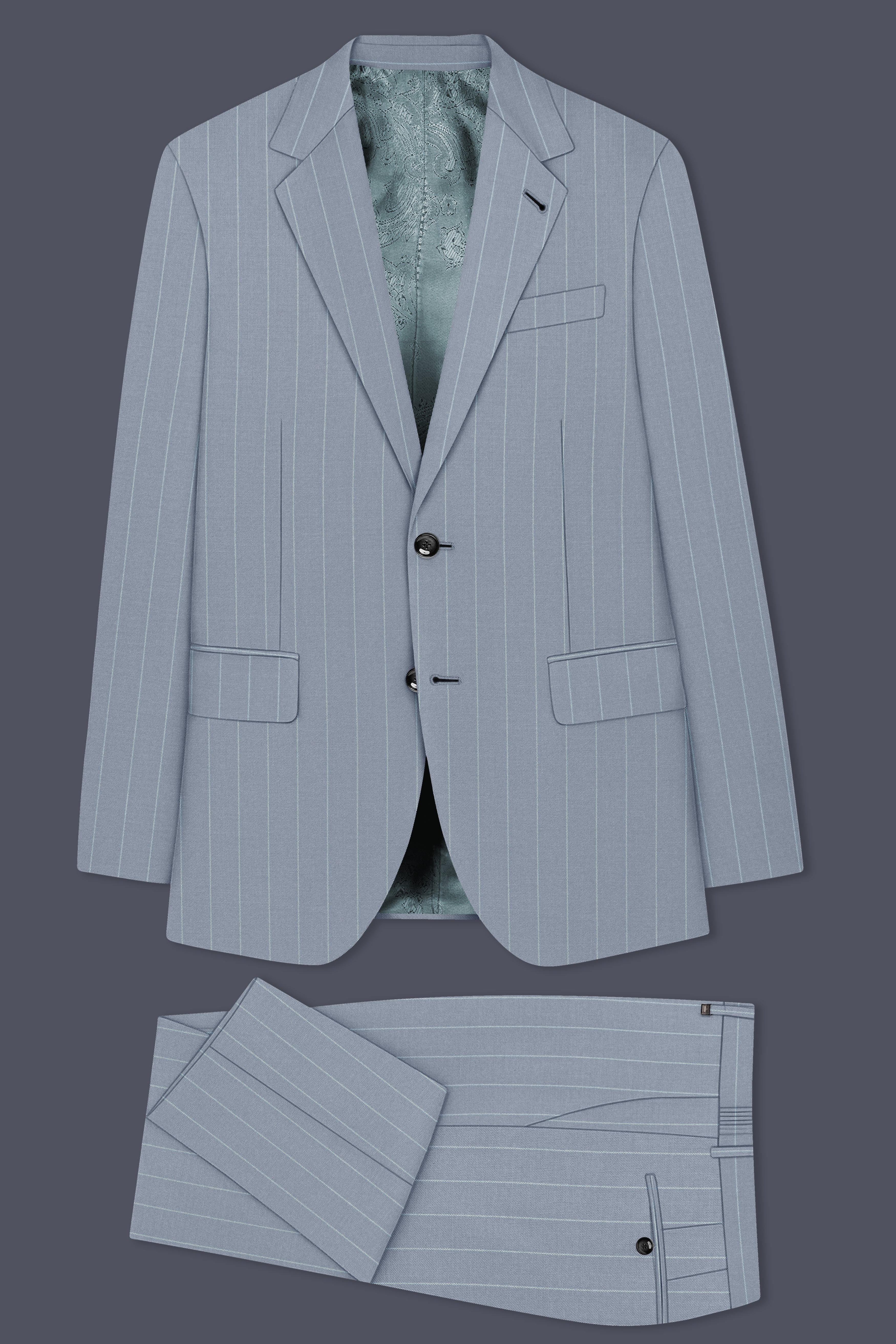 Prestige-Regent Gray And Bright White Chalk Striped Wool Rich Slight Stretch Single Breasted Suit