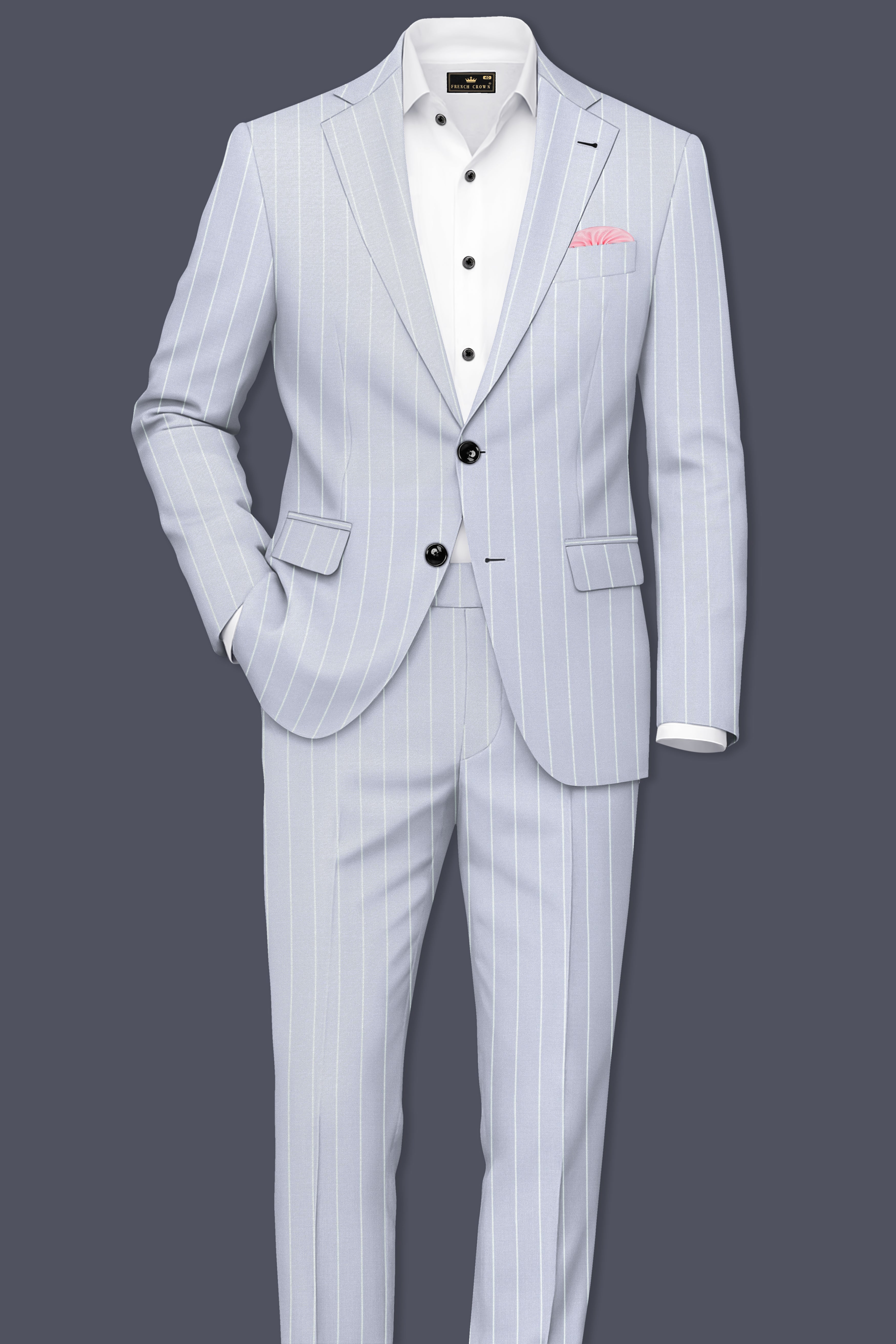 Axiom-Loblolly Gray And Bright White Chalk Striped Wool Rich Slight Stretch Single Breasted Suit