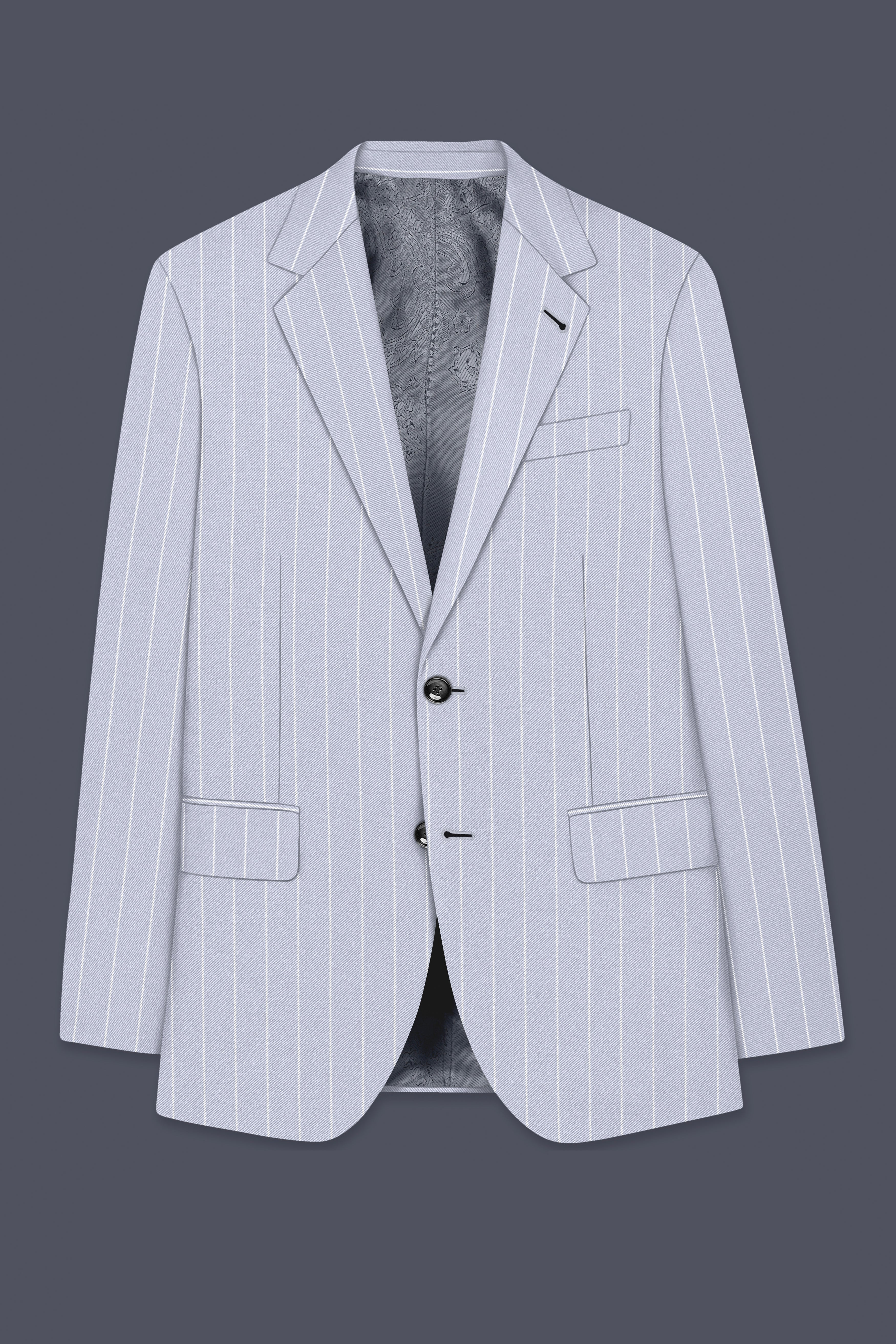 Axiom-Loblolly Gray And Bright White Chalk Striped Wool Rich Slight Stretch Single Breasted Suit