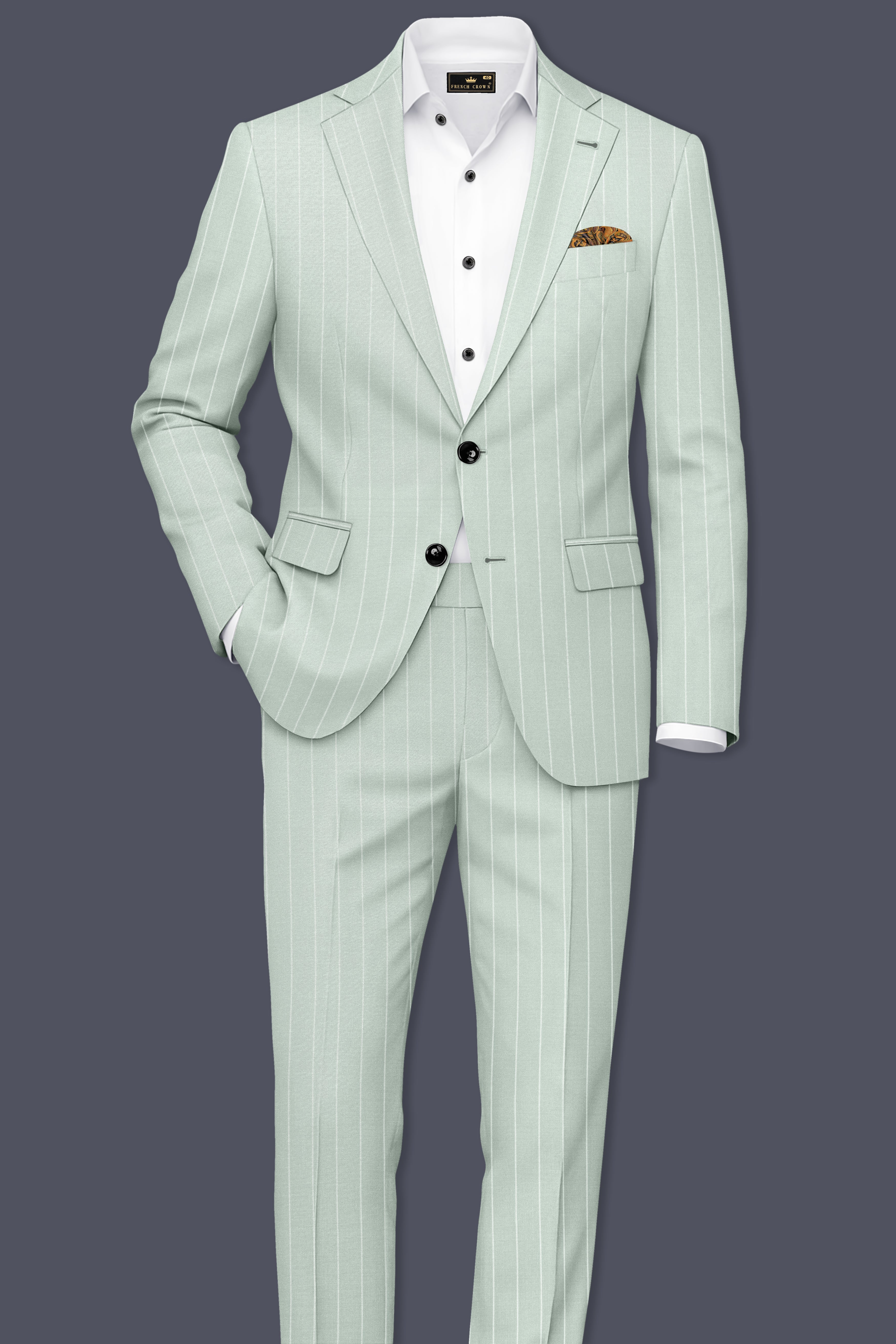 Halcyon-Pale Leaf Green And Bright White Chalk Striped Wool Rich Slight Stretch Single Breasted Suit